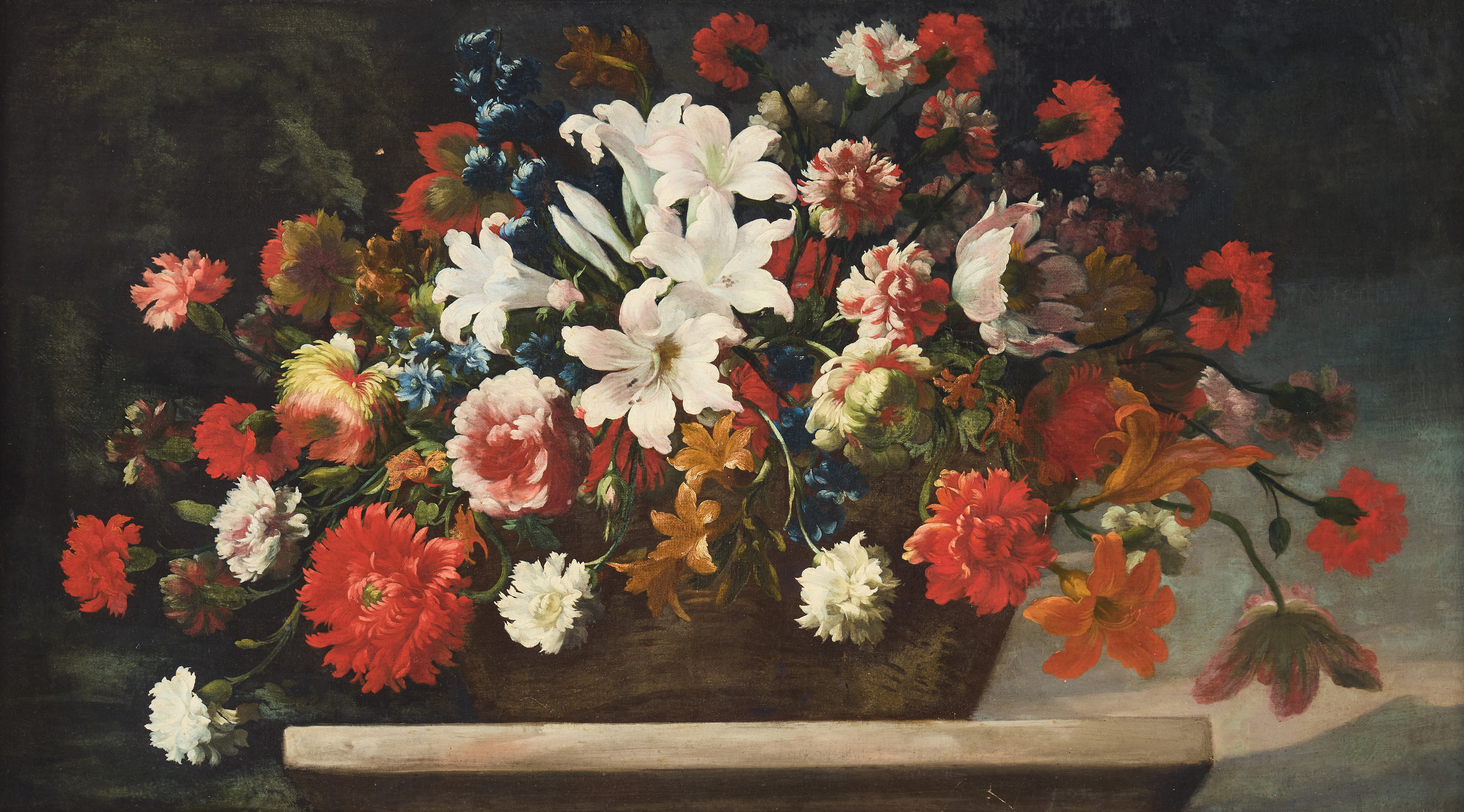 ROMAN SCHOOL, CA. 1680. Still life with a bouquet of flowers in a basket on a stone ledge - an overdoor.