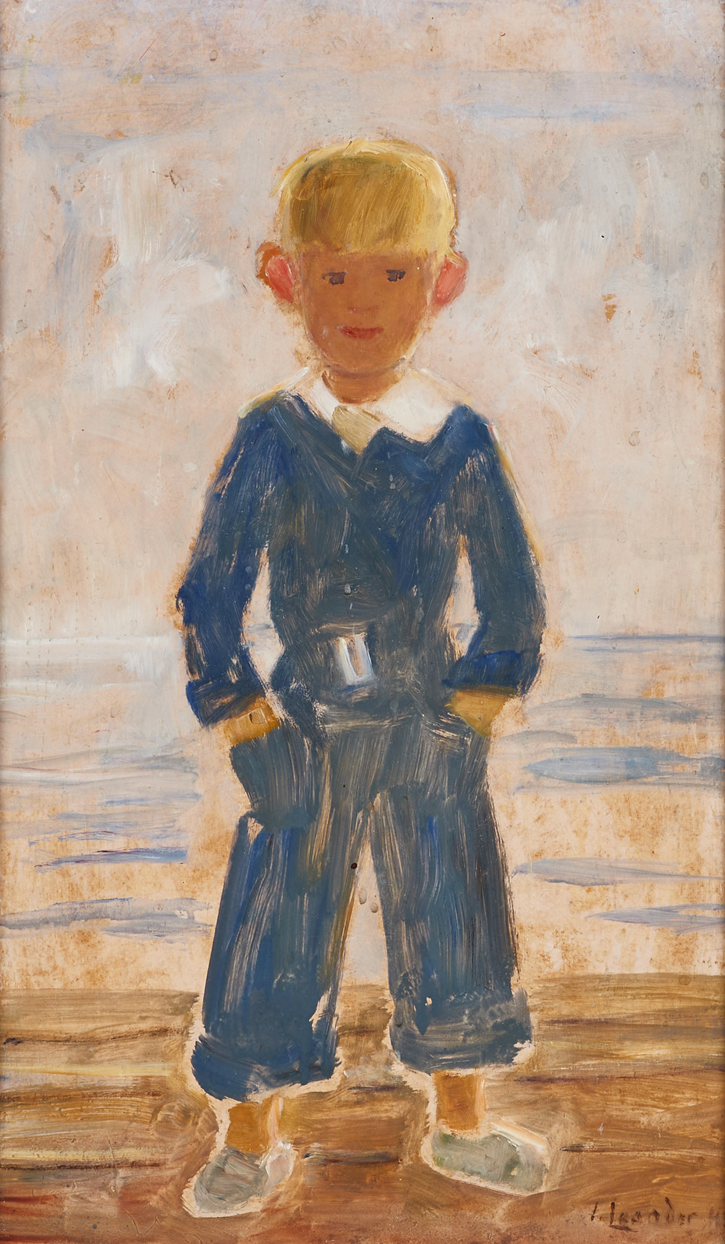 INEZ LEANDER (1879-1969). Pojke i blått vid strand, signerad och daterad I. Leander -45, olja på pannå.