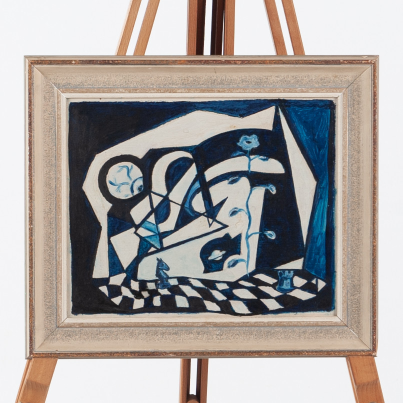 OIDENTIFIERAD KONSTNÄR. OLJEMÅLNING, “Schizoiditet”, Abstrakt-komposition, daterad okt -48.