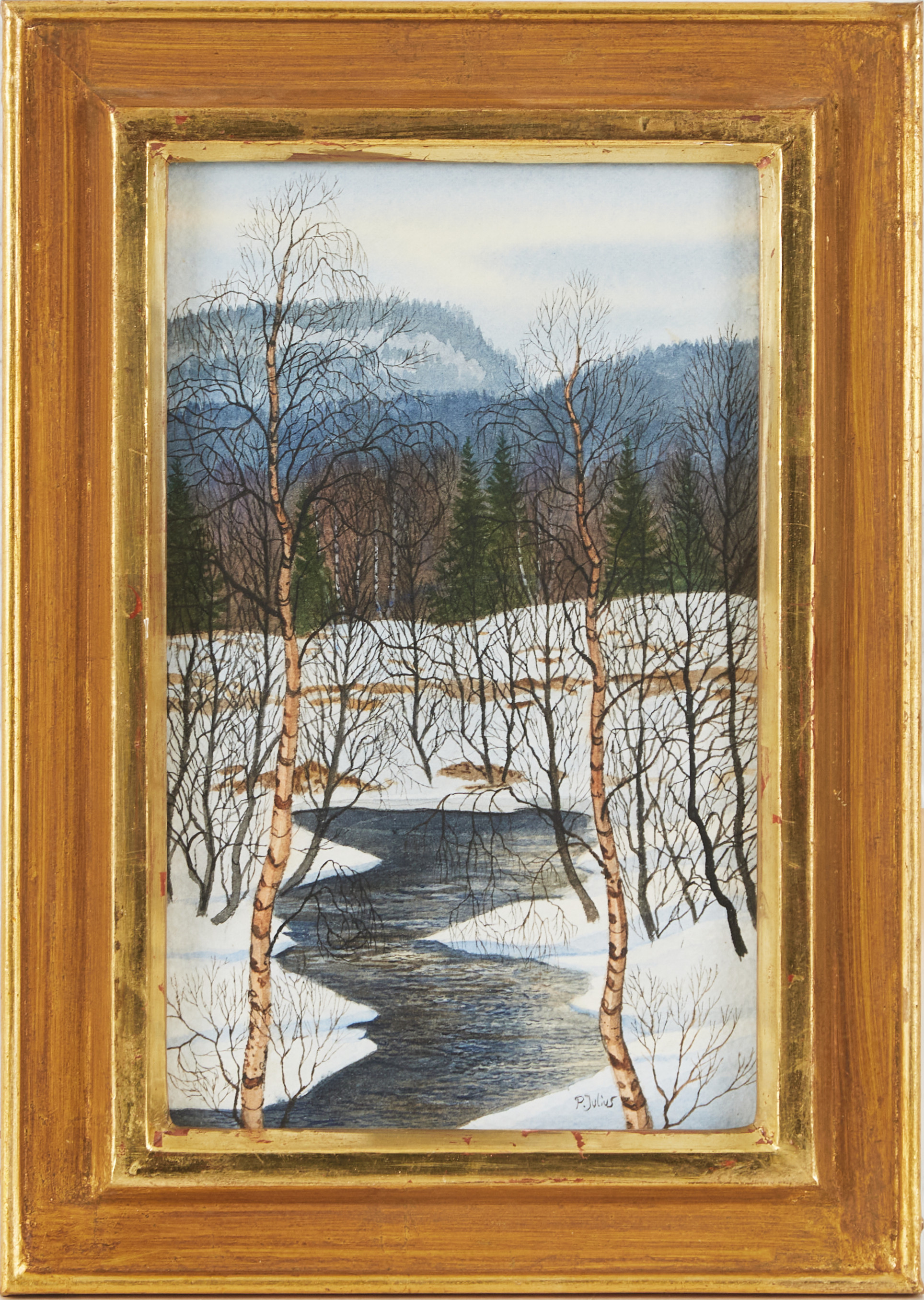 PER JULIUS (FÖDD 1951). Landskap i vårvinter med björkar, akvarell.