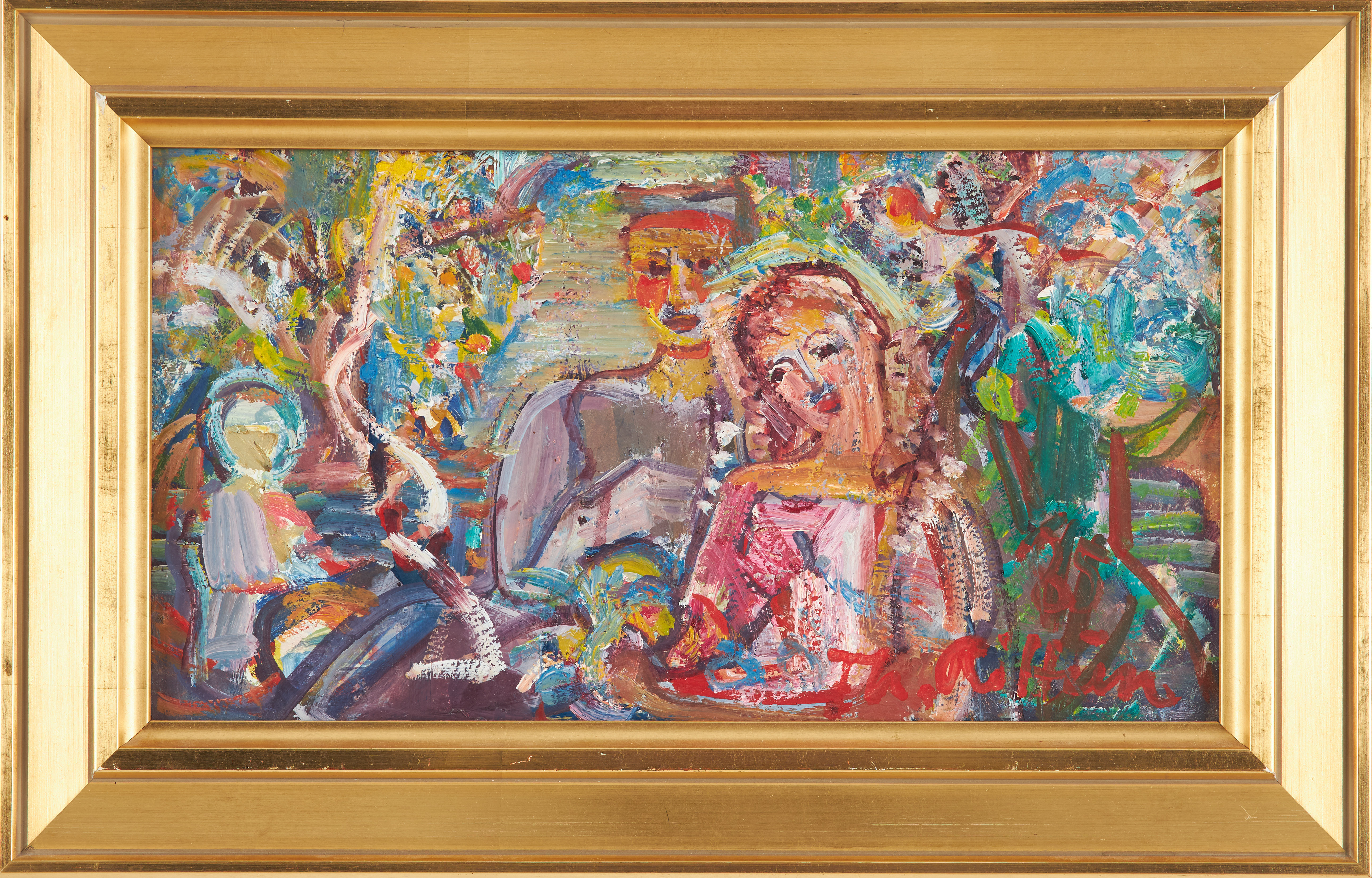 THORSTEIN RITTUN. (1929–2018 Norge), Familie i sommerhaven, olja på pannå, signerad.