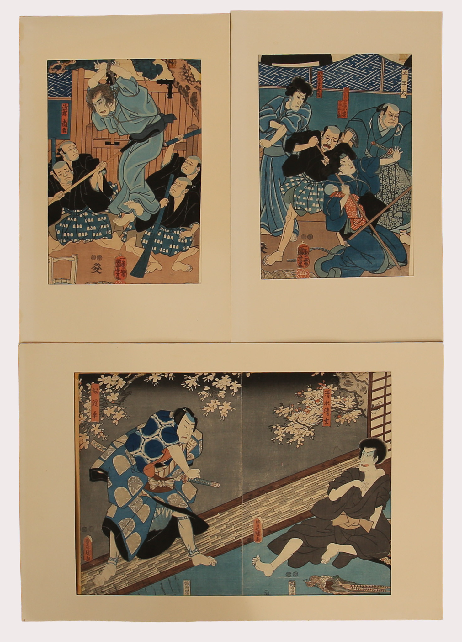 TRÄSNITT, 3 st. Japan, Meiji (1868-1912) eller tidigare.