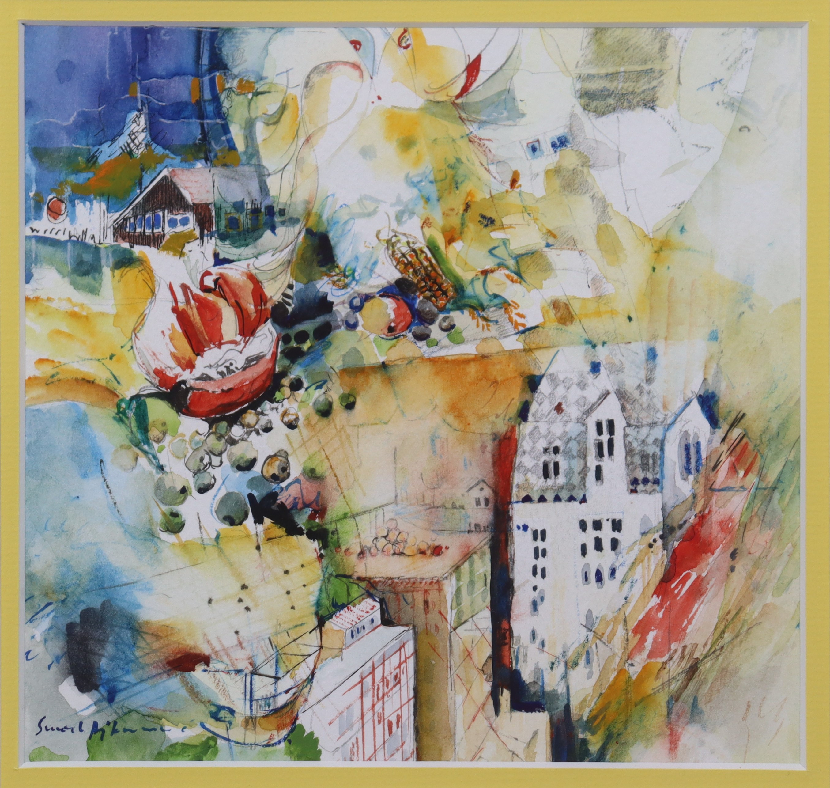 SMAIL AJKUNIC (F. 1949). akvarell, komposition med byggnader och frukt.