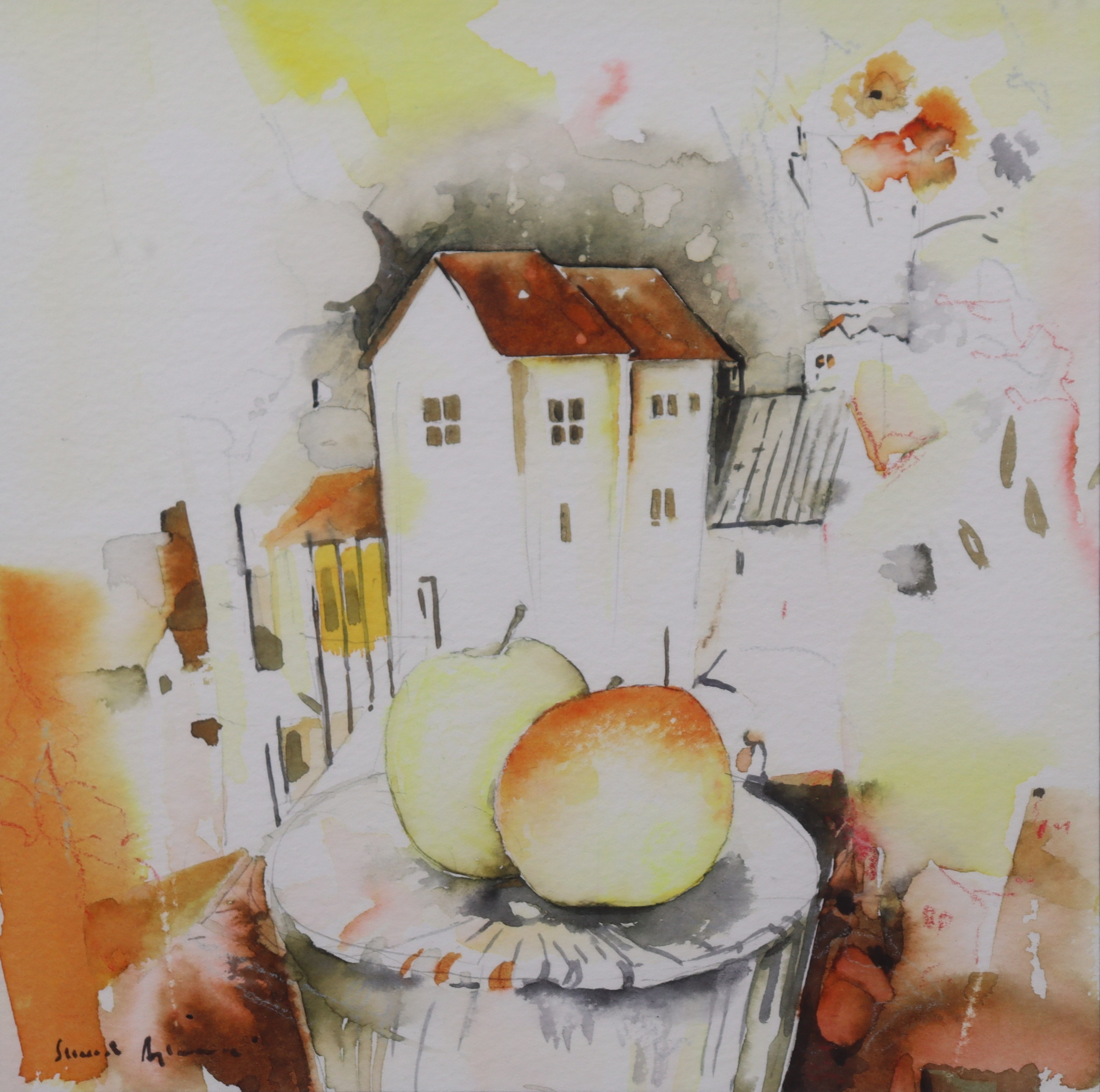 SMAIL AJKUNIC (F. 1949). akvarell, komposition med byggnader och frukt.