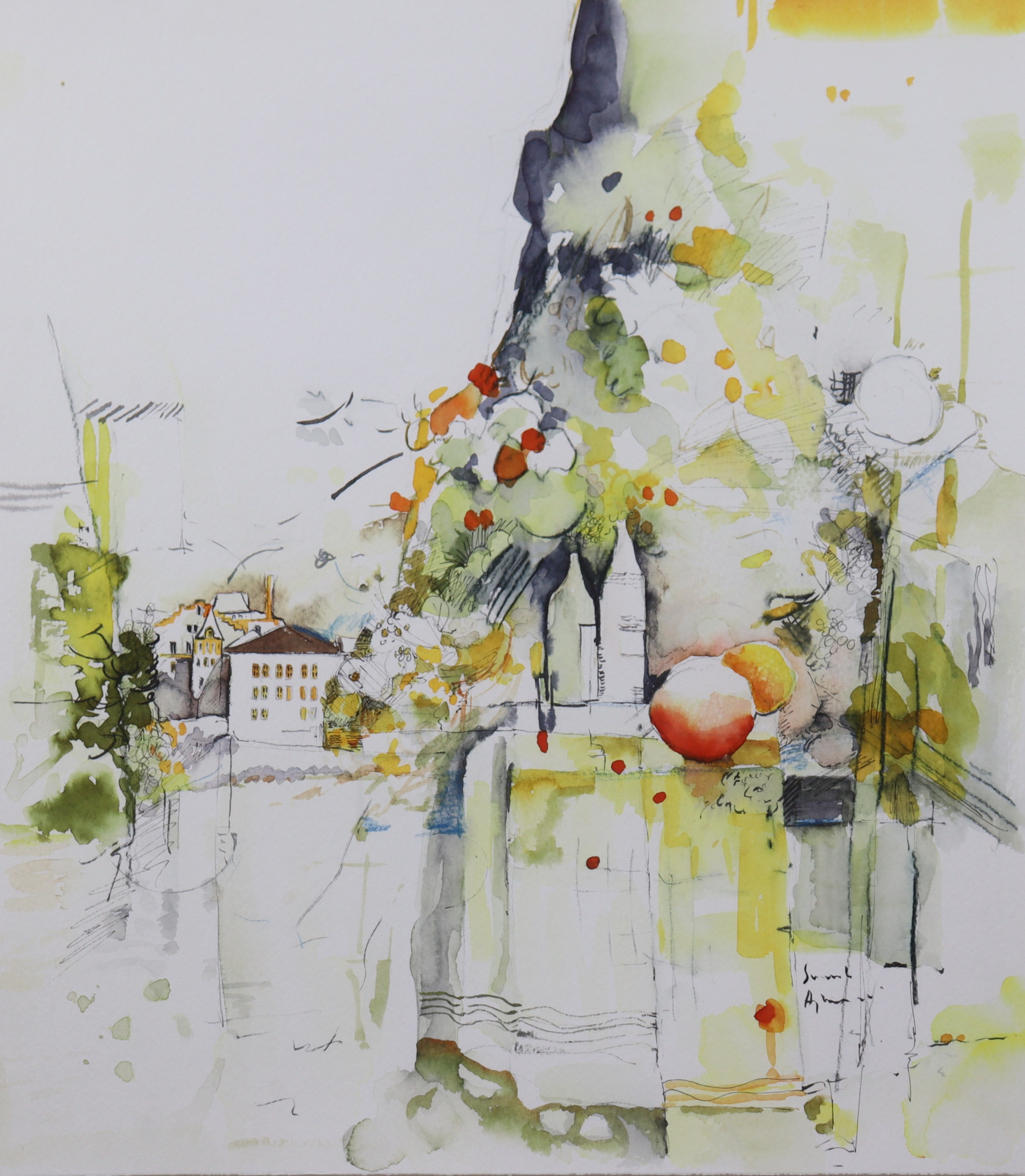 SMAIL AJKUNIC (F. 1949). akvarell, komposition med byggnader och frukt.