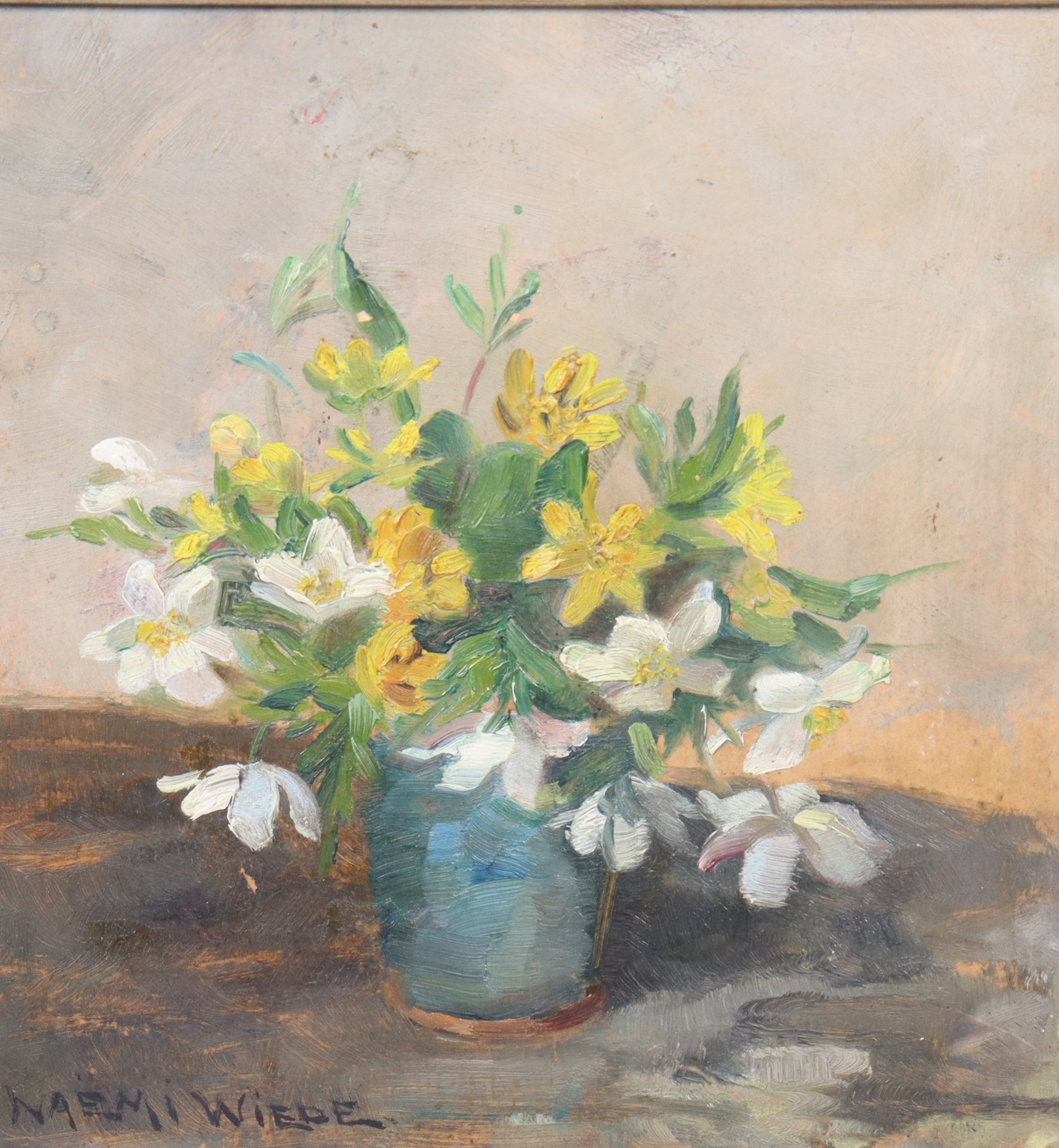 NAËMI WIEDE. olja på pannå, blomsterstilleben.