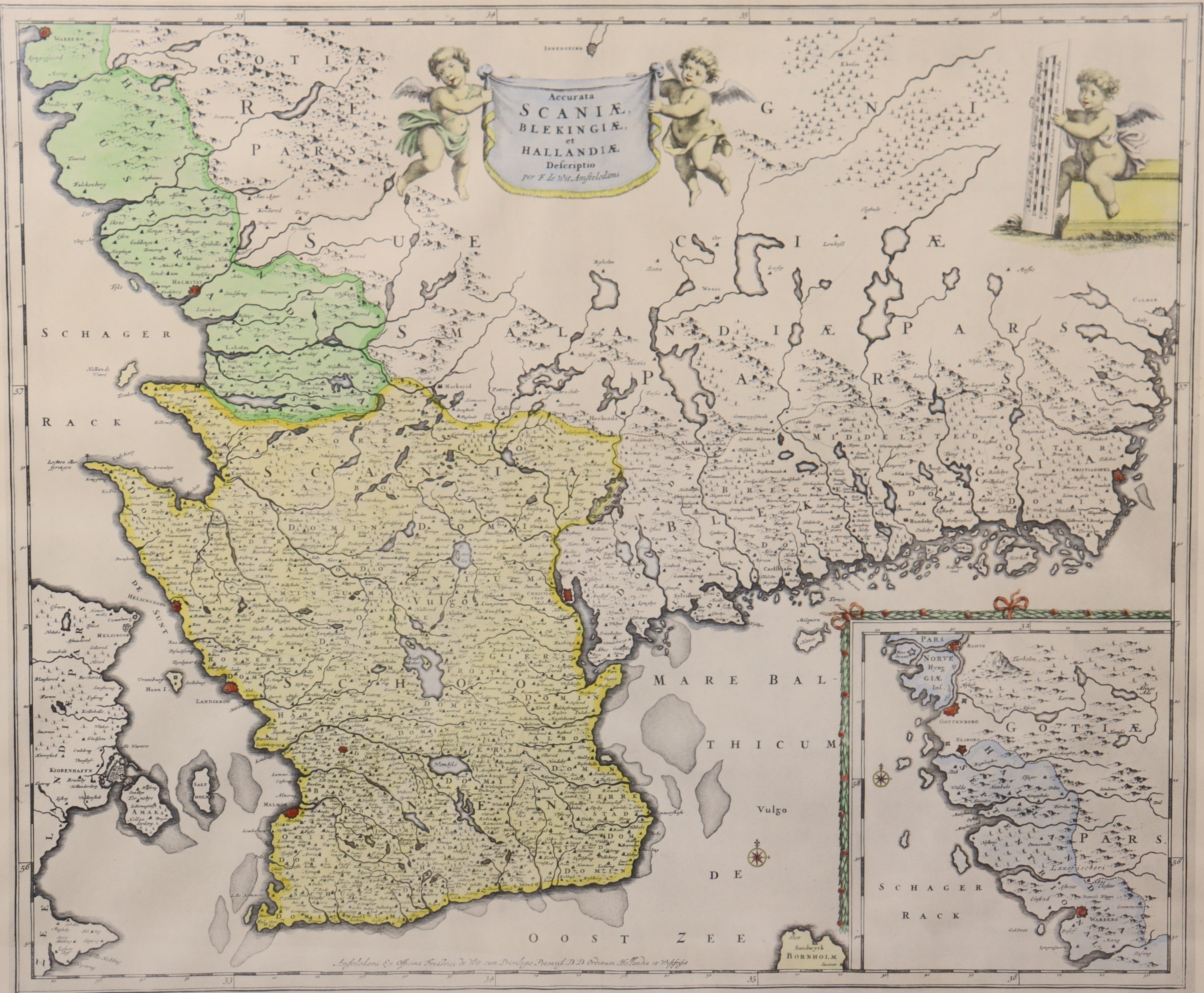 KARTA, "Scaniæ Blekingæ et Hallandiæ" Frederick de Wit, Amsterdam, 1900-tal.