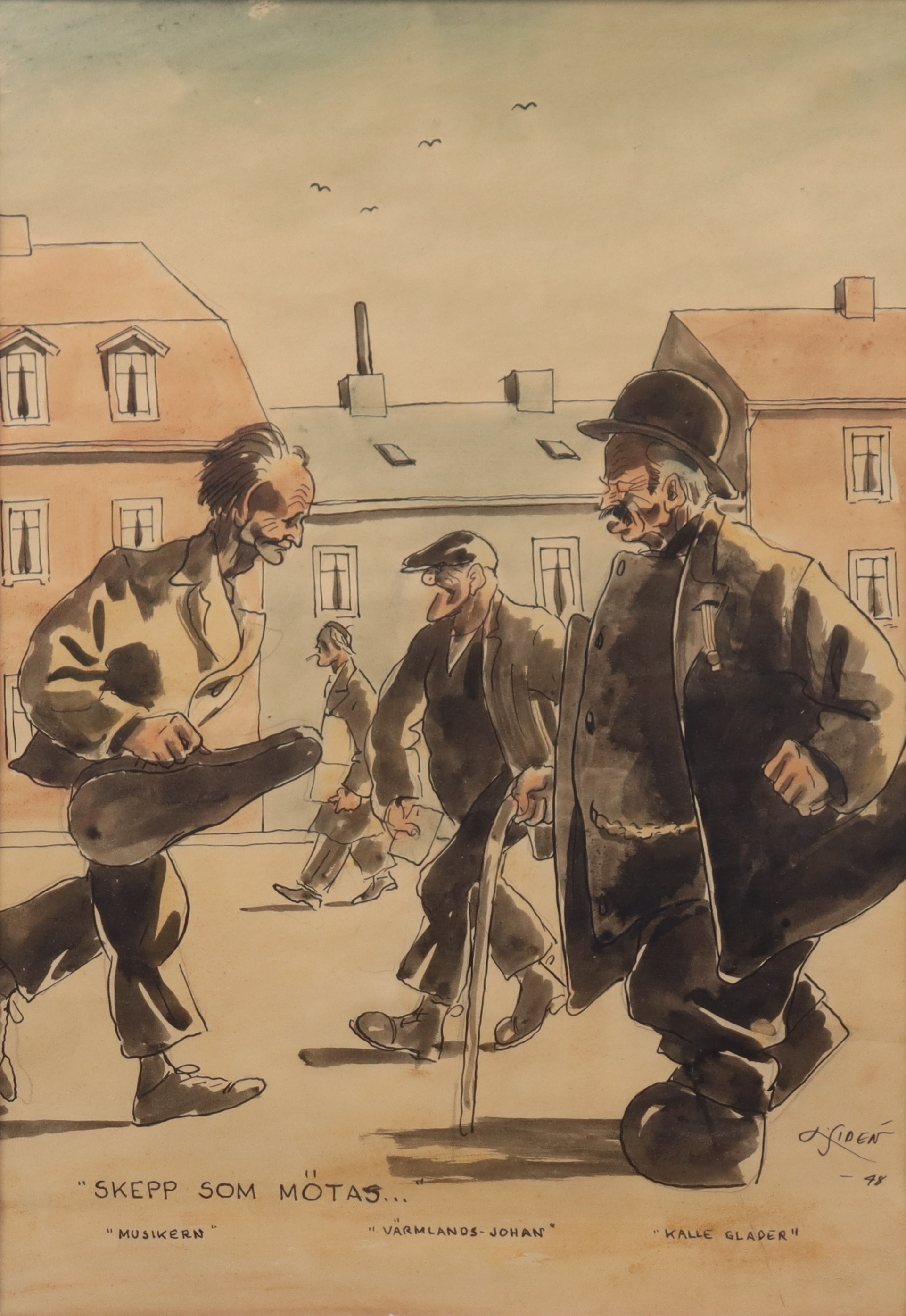 ERIK AXEL LISS SIDÉN. akvarell, "Skepp som mötas...", motiv av John Eriksson, Göteborg.