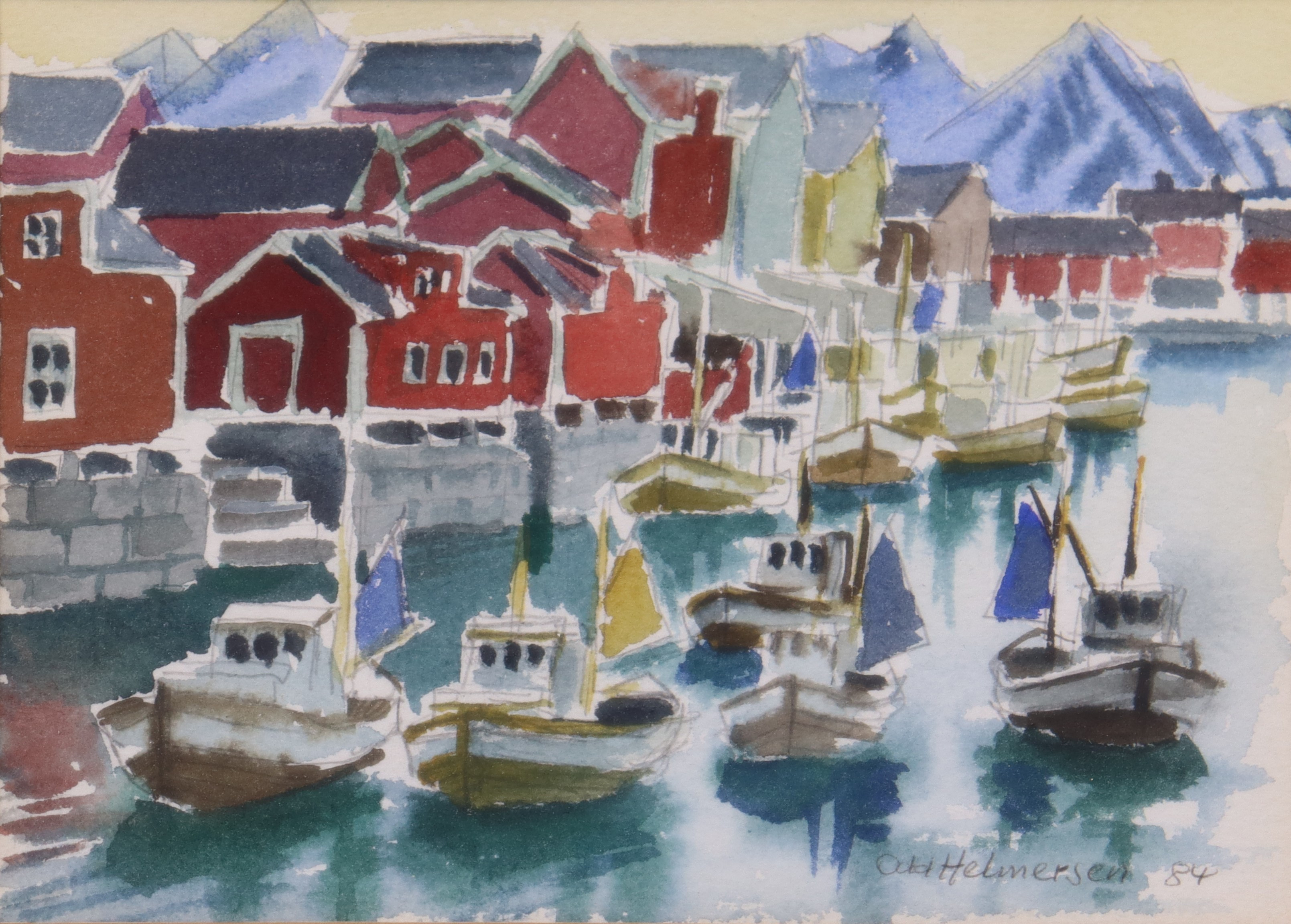 ODD HELMERSEN. akvarell, "Stamsund".