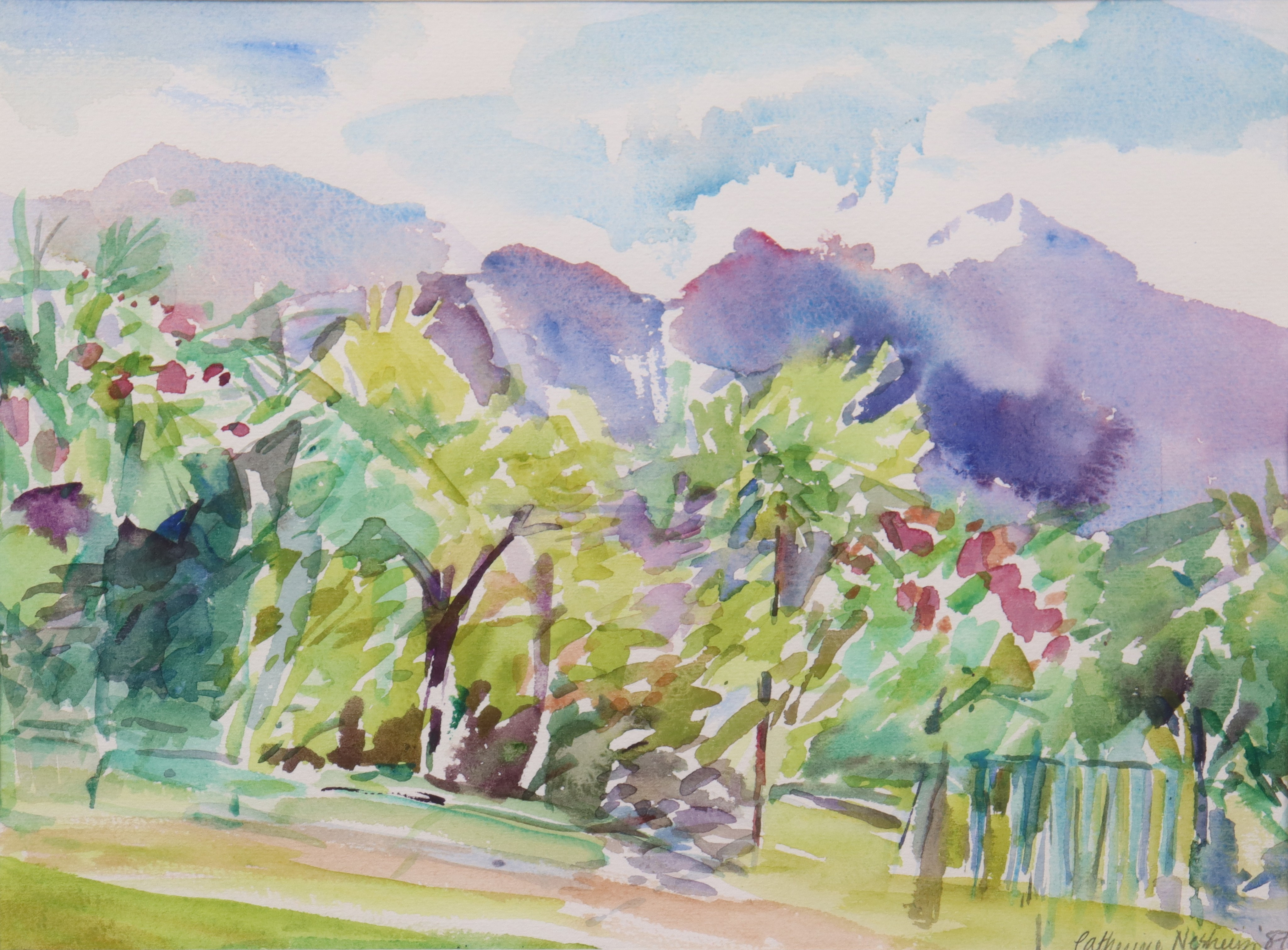 CATHERINE NESHEIM. akvarell, "Hage fra Garda".