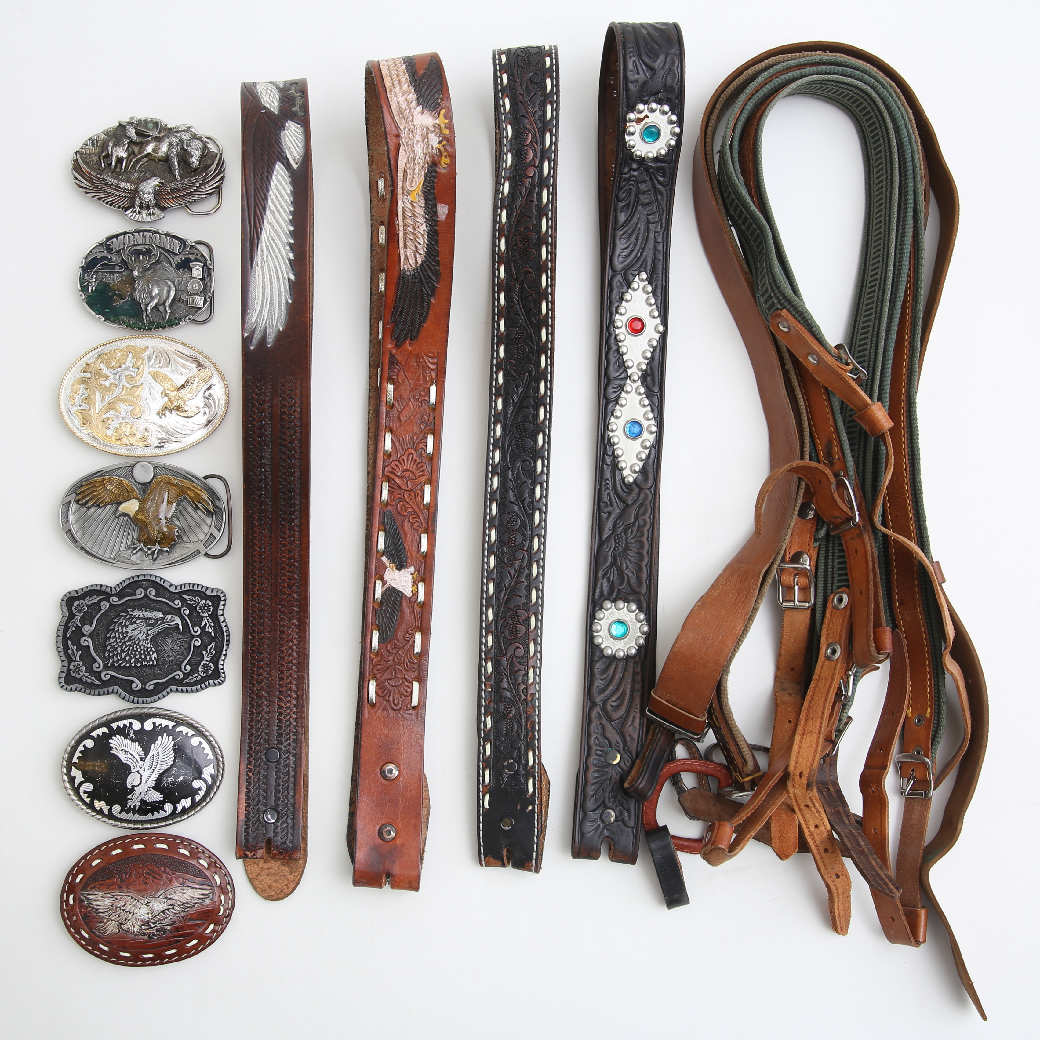 BÄLTEN samt SPÄNNEN, 16 delar, läder/textil/metall.