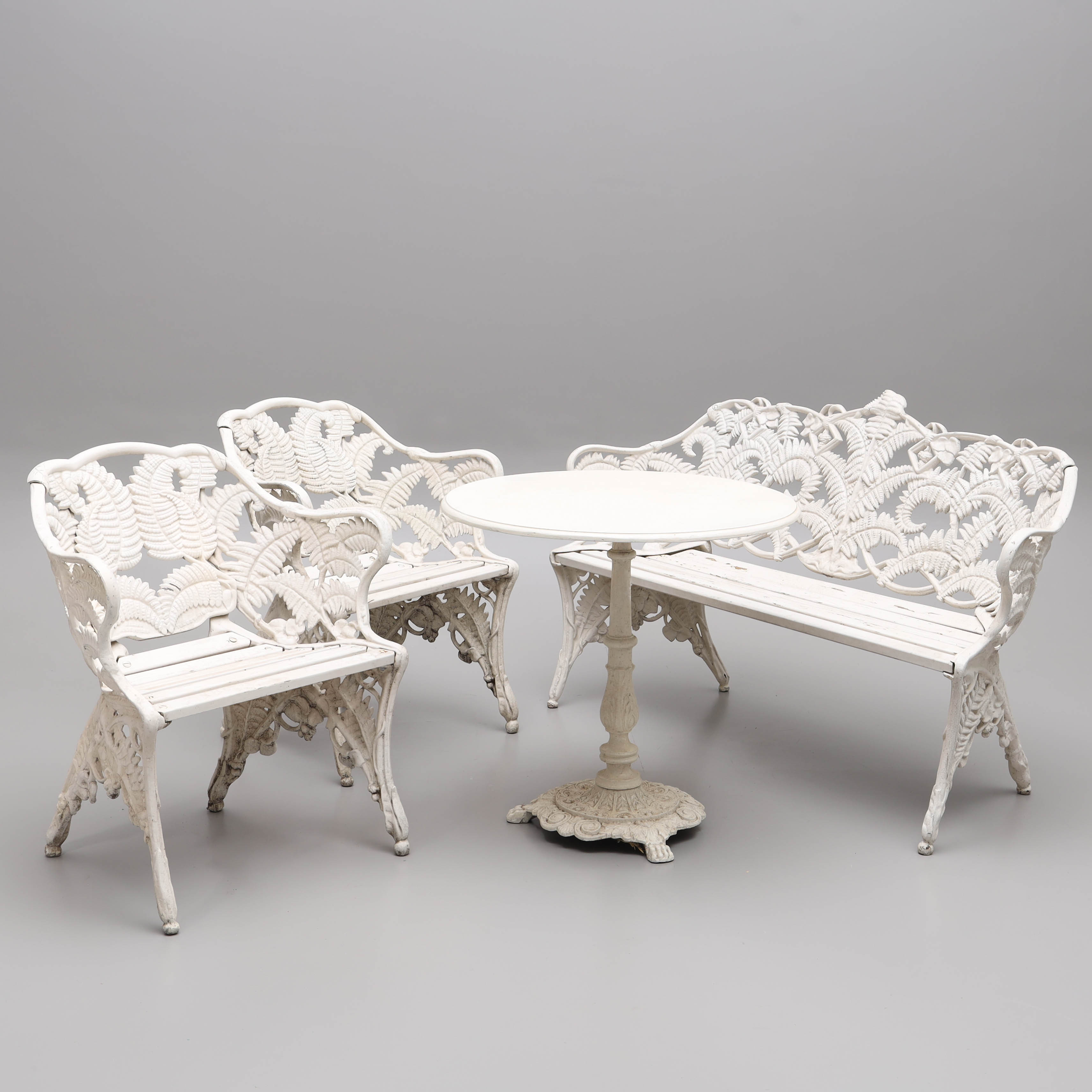 TRÄDGÅRDSGRUPP, 4 delar, gjuten aluminium, "Ormbunke", Melins Metallgjuteri Anderstorp, 1900-tal.