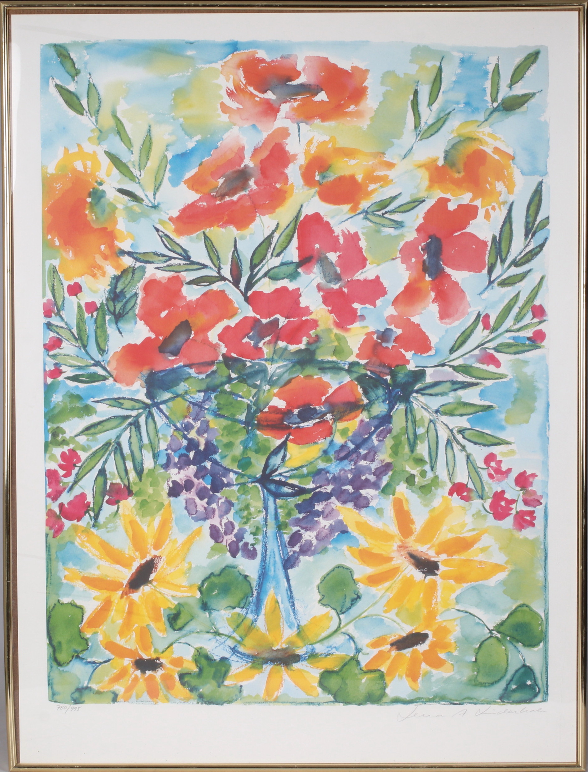 LENA LINDERHOLM. Blomsterstilleben, tryck, signerad och numrerad 780/995.