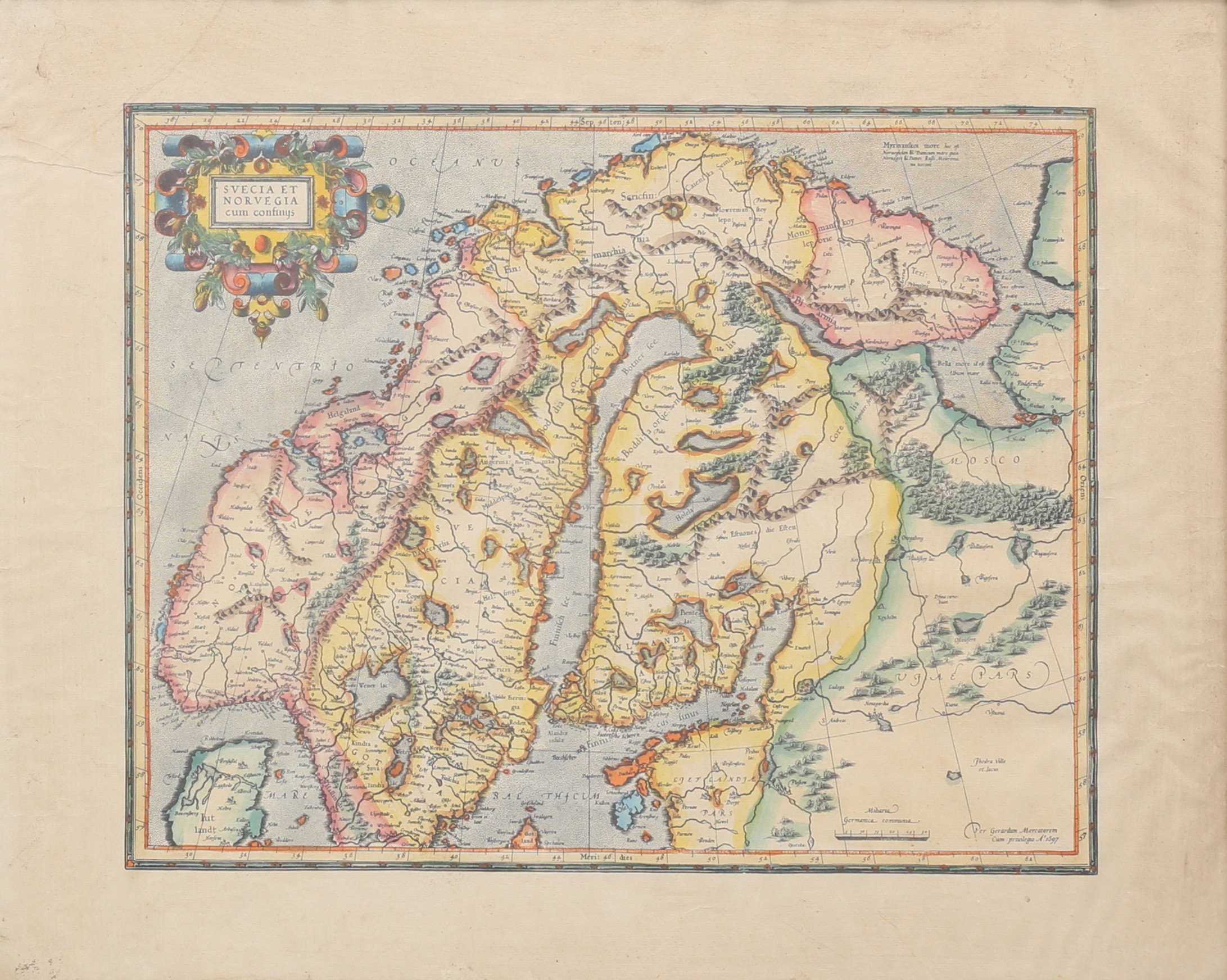 KARTA, inramad, "Svecia et Norvegia cum confinis", Gerardus Mercator.