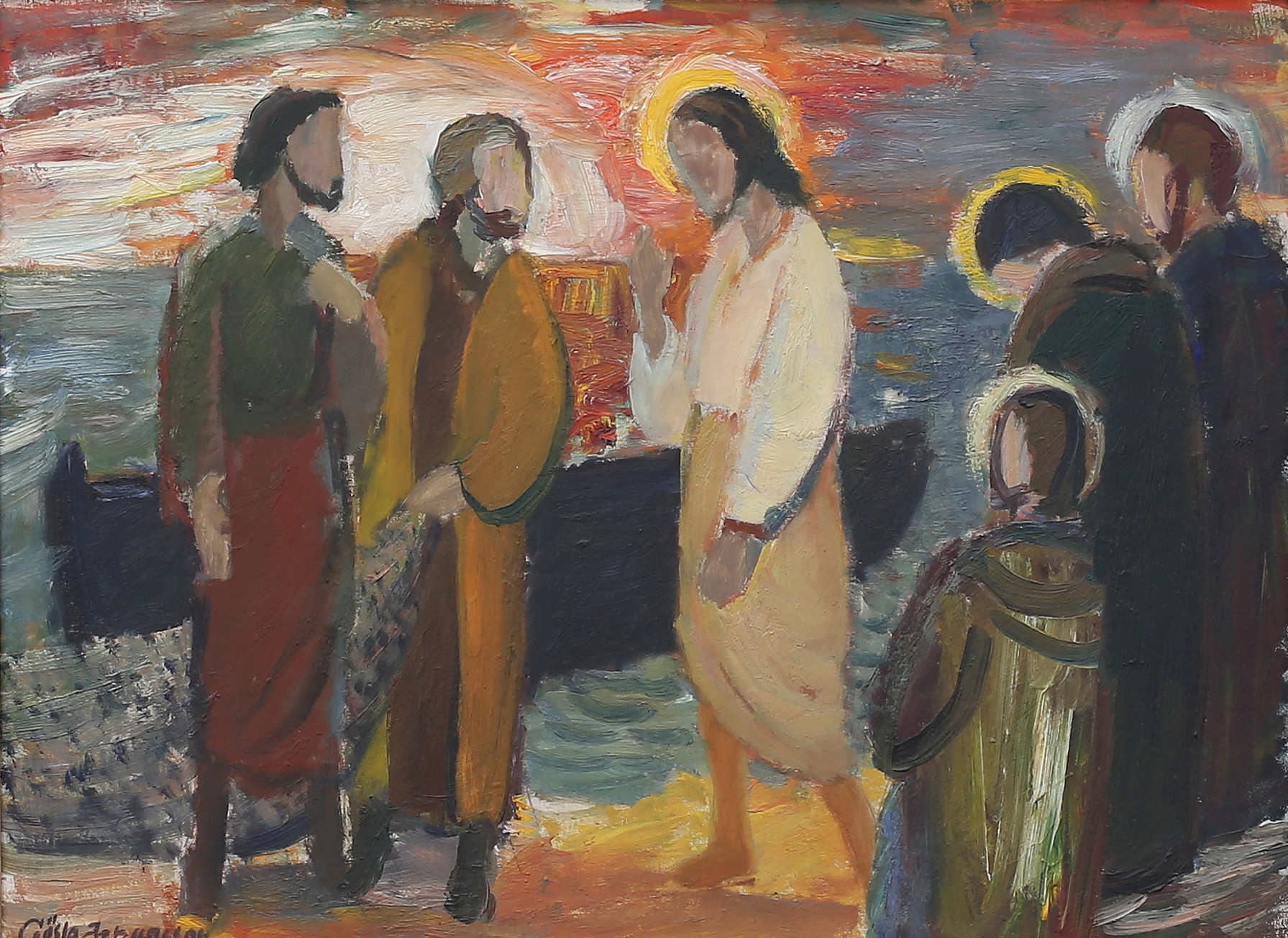 GÖSTA JOHANSSON. "Jesus kallar Petrus och Andreas". Olja på pannå, signerad.