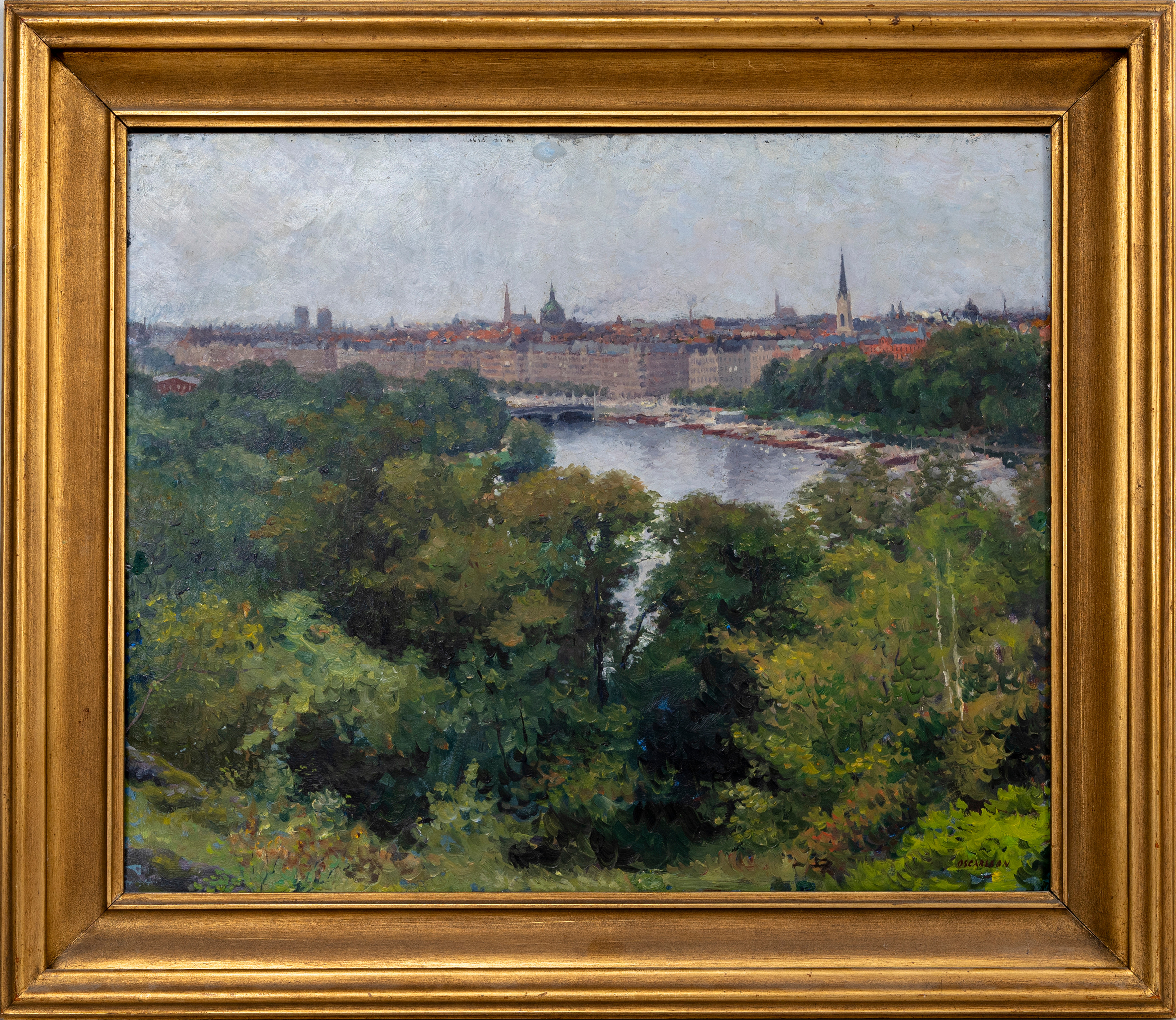 BERNHARD OSCARSSON. Vy mot Strandvägen, Stockholm, olja på träpannå, signerad.