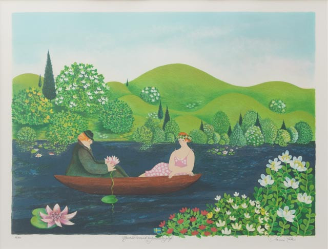 MARION BERLIN (1933-2022). "Roddturen", handkolorerad litografi nr 46/390, signerad.