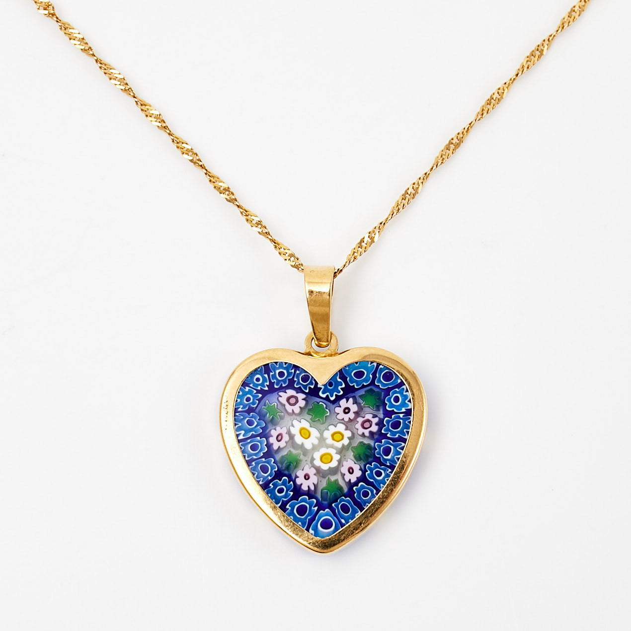 KEDJA MED HÄNGE, hänge muranoglas s.k. millefirio med infattning i 18 k guld, kedja vriden länk i 14 k guld, Italien.