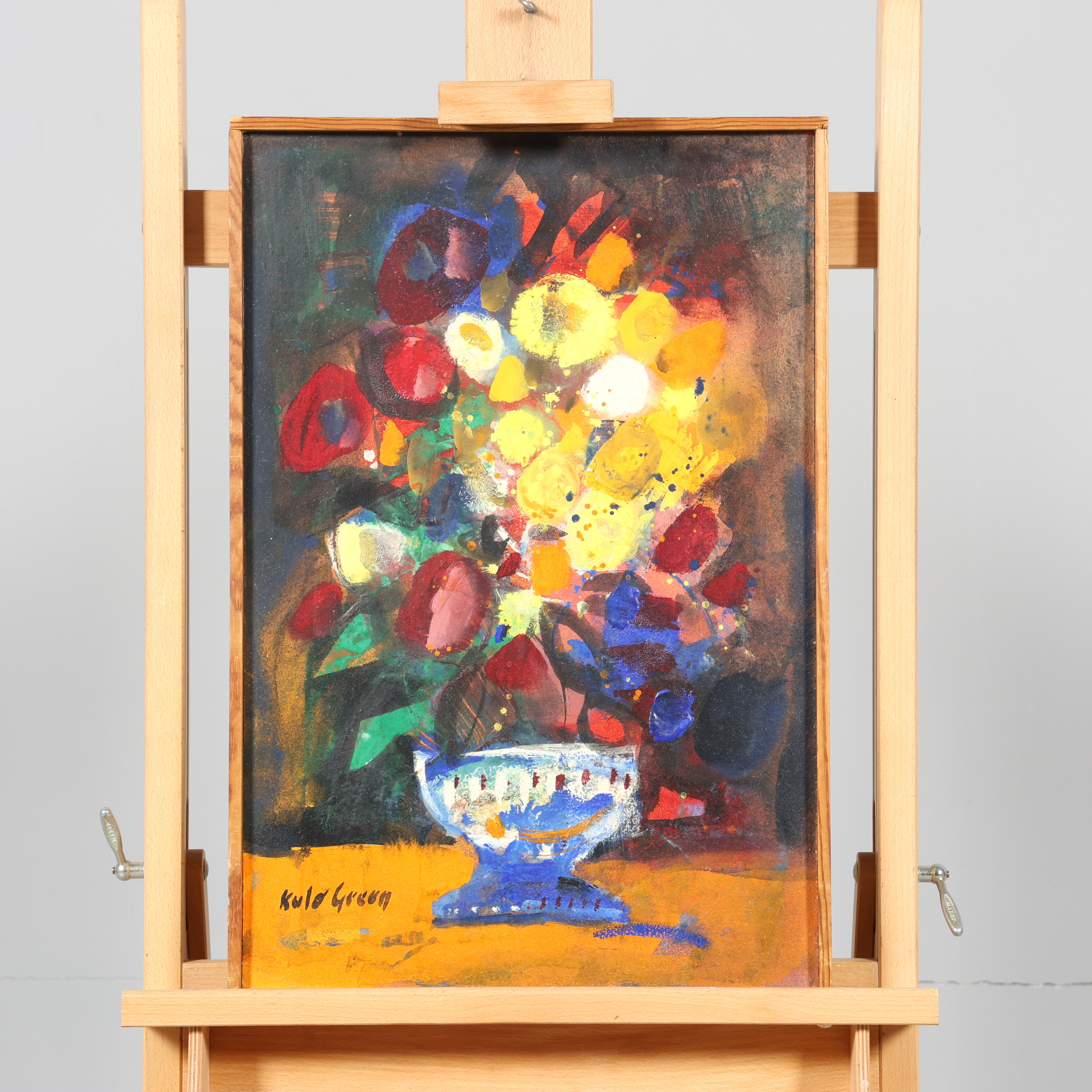 KULO GREEN. OLJA PÅ PANNÅ, "Flores i blå skål", stilleben, signerad.