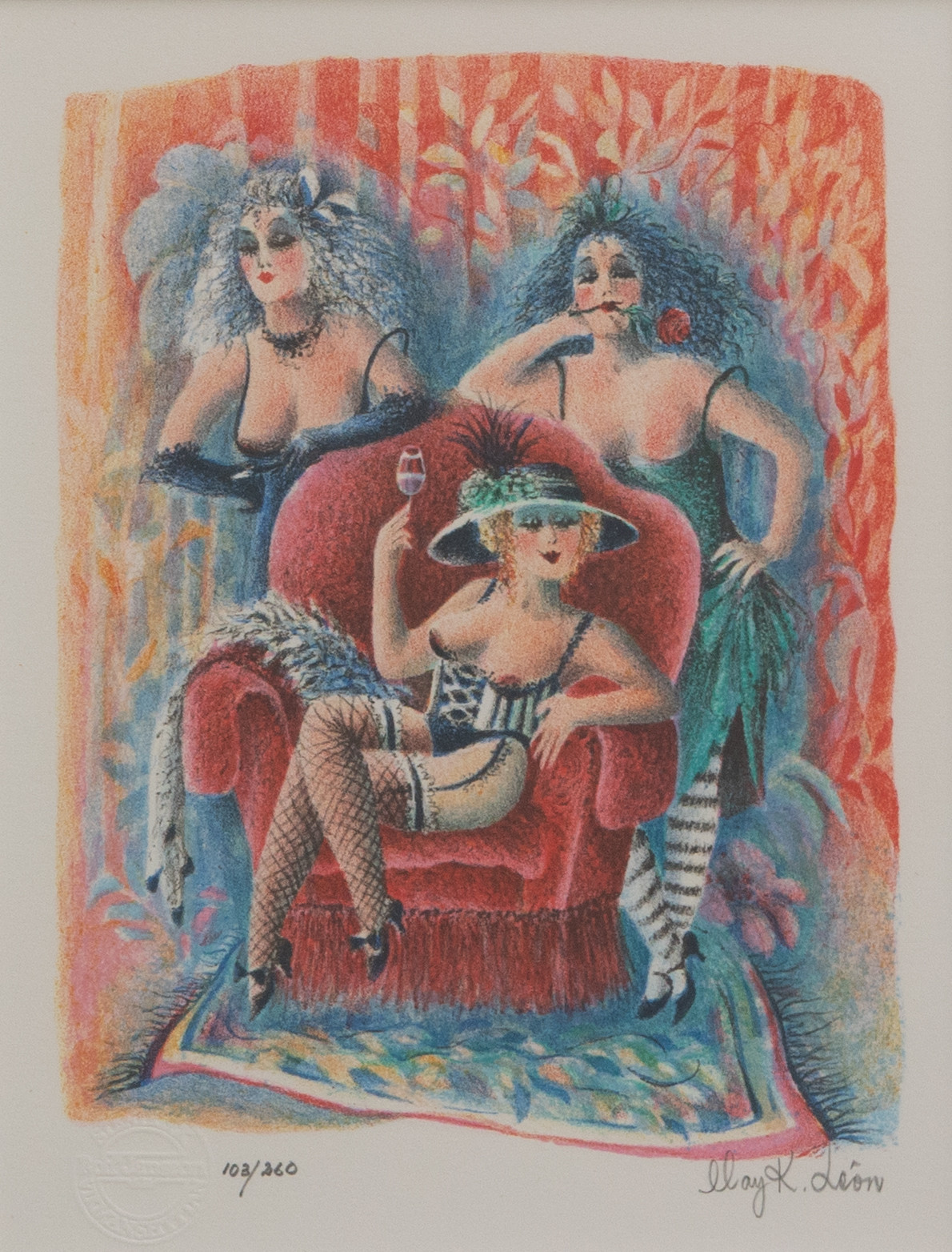 MAY K LÉON. Kvinnomotiv, färglitografi, nr 103/260, signerad.