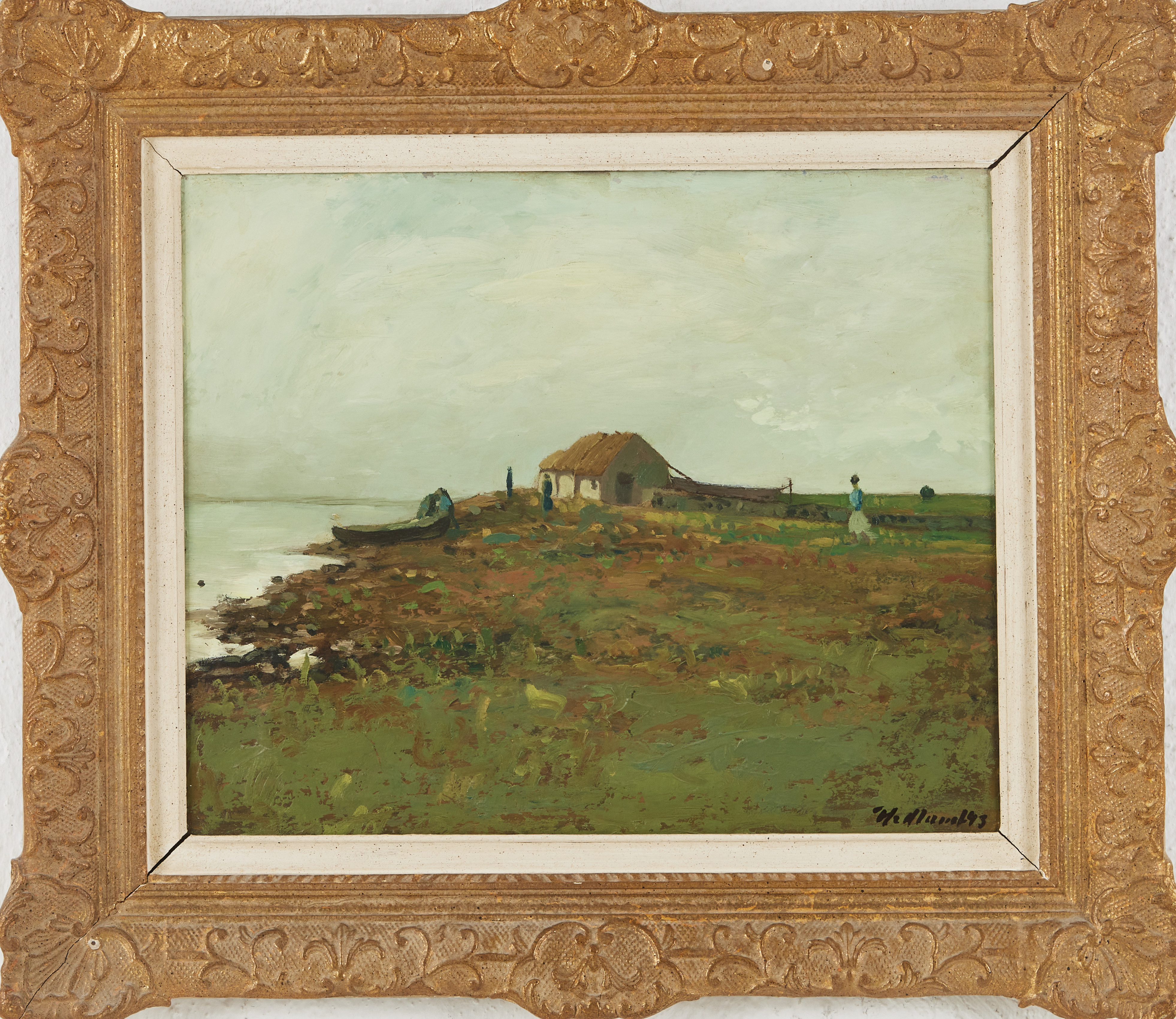 BÖRJE HEDLUND. Sjöbodar på Öland, olja på pannå, signerad och daterad -43.