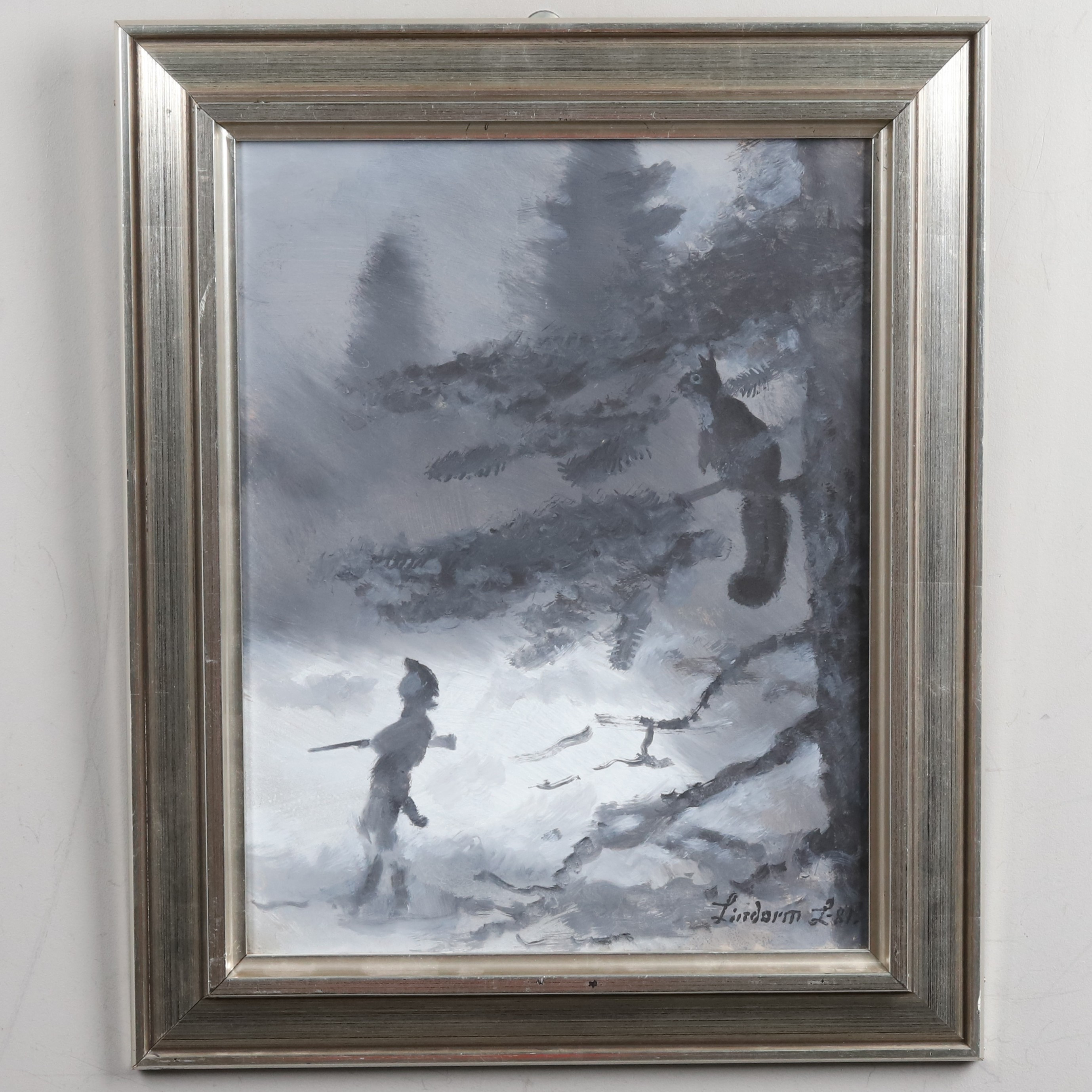 LINDORM LILJEFORS. OLJA PÅ PANNÅ, "Jakt i vintertid", signerad & daterad -81.