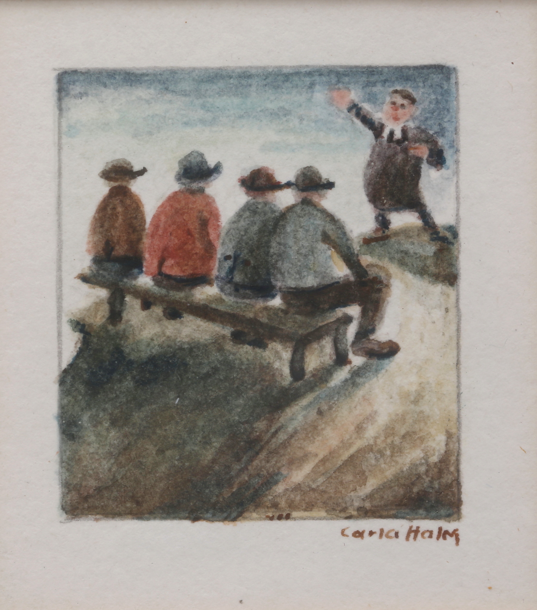 CARLA HOLM. Präst med åhörare. Akvarell, signerad.