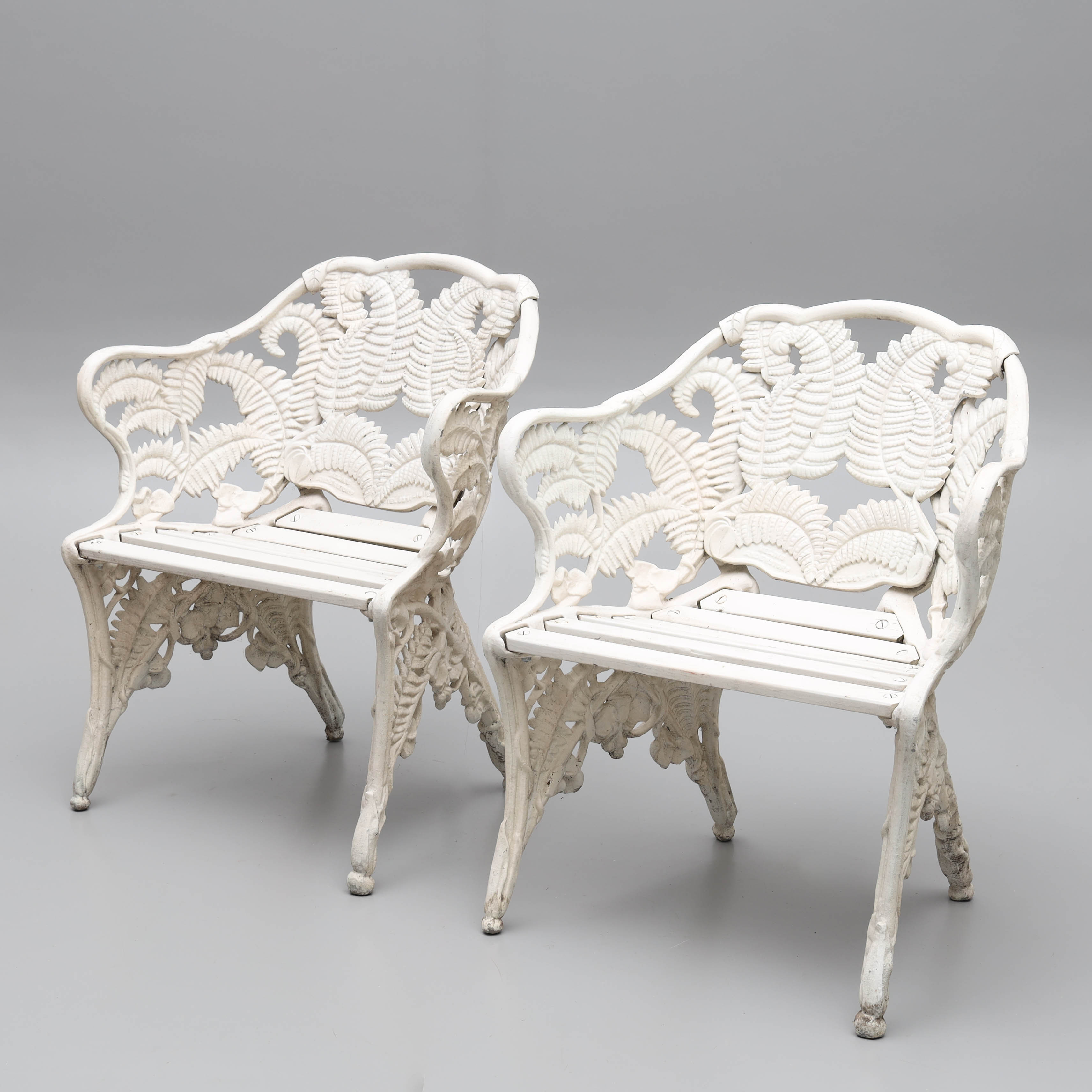 TRÄDGÅRDSSTOLAR, gjuten aluminium, "Ormbunke", Melins Andersstorp, 1900-tal.
