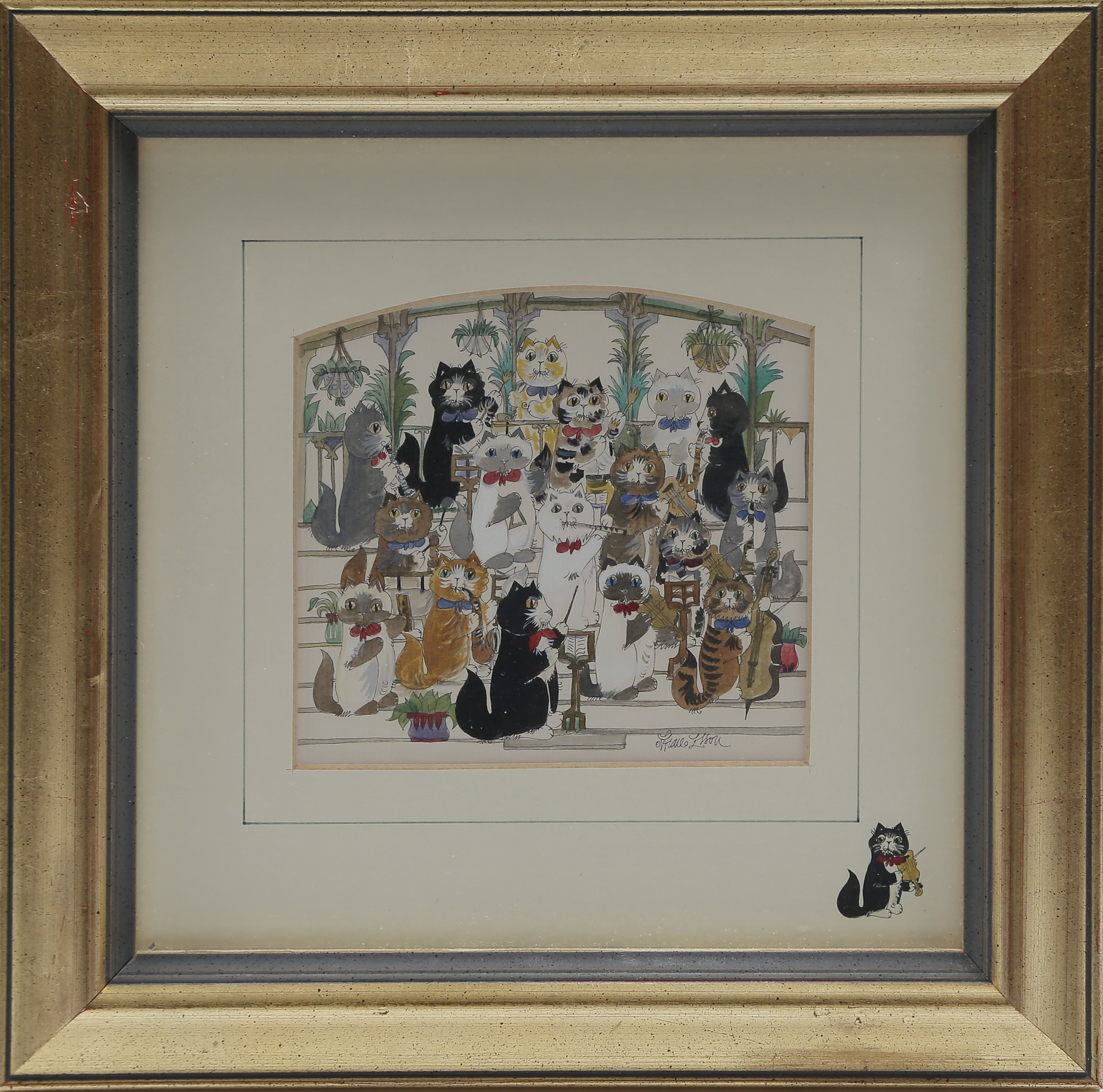 DIANE ELSON (English, b. 1953) "KATTERNAS ORKESTER" AKVARELL, SIGNERAD, INGLASAD.