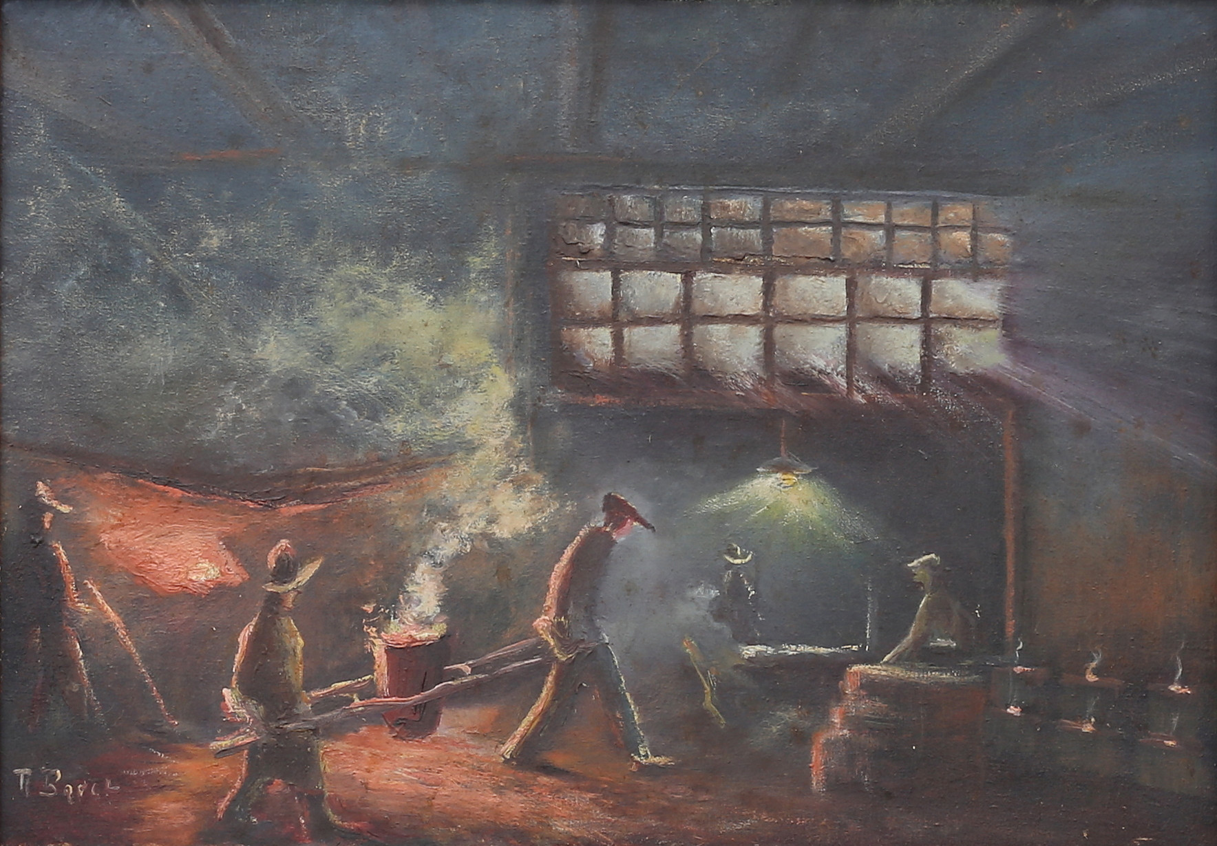 OIDENTIFIERAD KONSTNÄR. Arbete i smedja. Olja på duk uppfodrad på plywoodpannå, otydligt signerad.