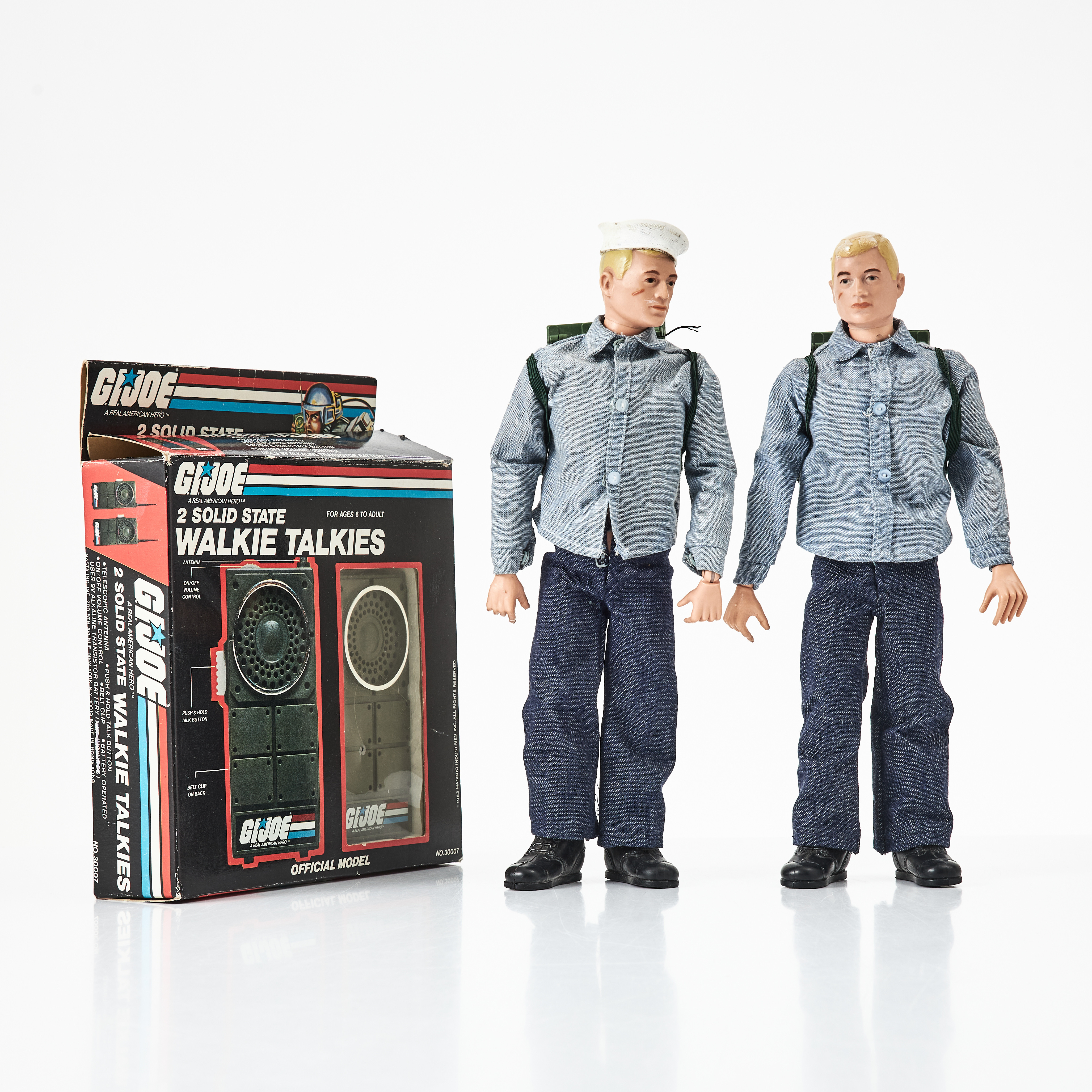 G.I.JOE ACTION MAN, (2), Blonde Molded Hair, OUTFITS, (2), Pants, Shirts, Black Boots, White Sailor Cap, (action sailor), 1960s, 2 Solid State Walkie Talkies, Box Date 1983, Hasbro, Japan.
