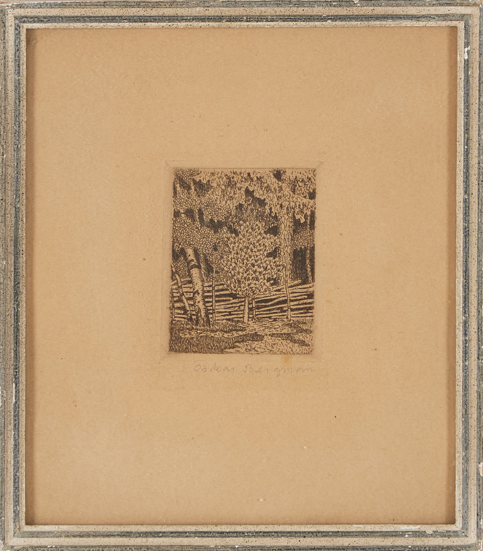 OSKAR BERGMAN. Träd vid gärdsgård, etsning, signerad.