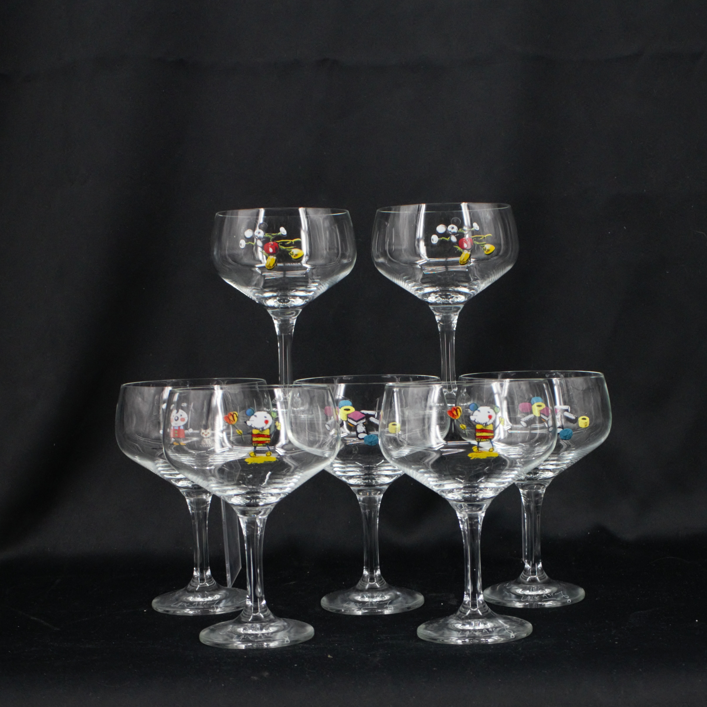 LASSE ÅBERG. Coupeglas, 7 delar, bemålat glas, signerade, etc, Etcetera Marketing.