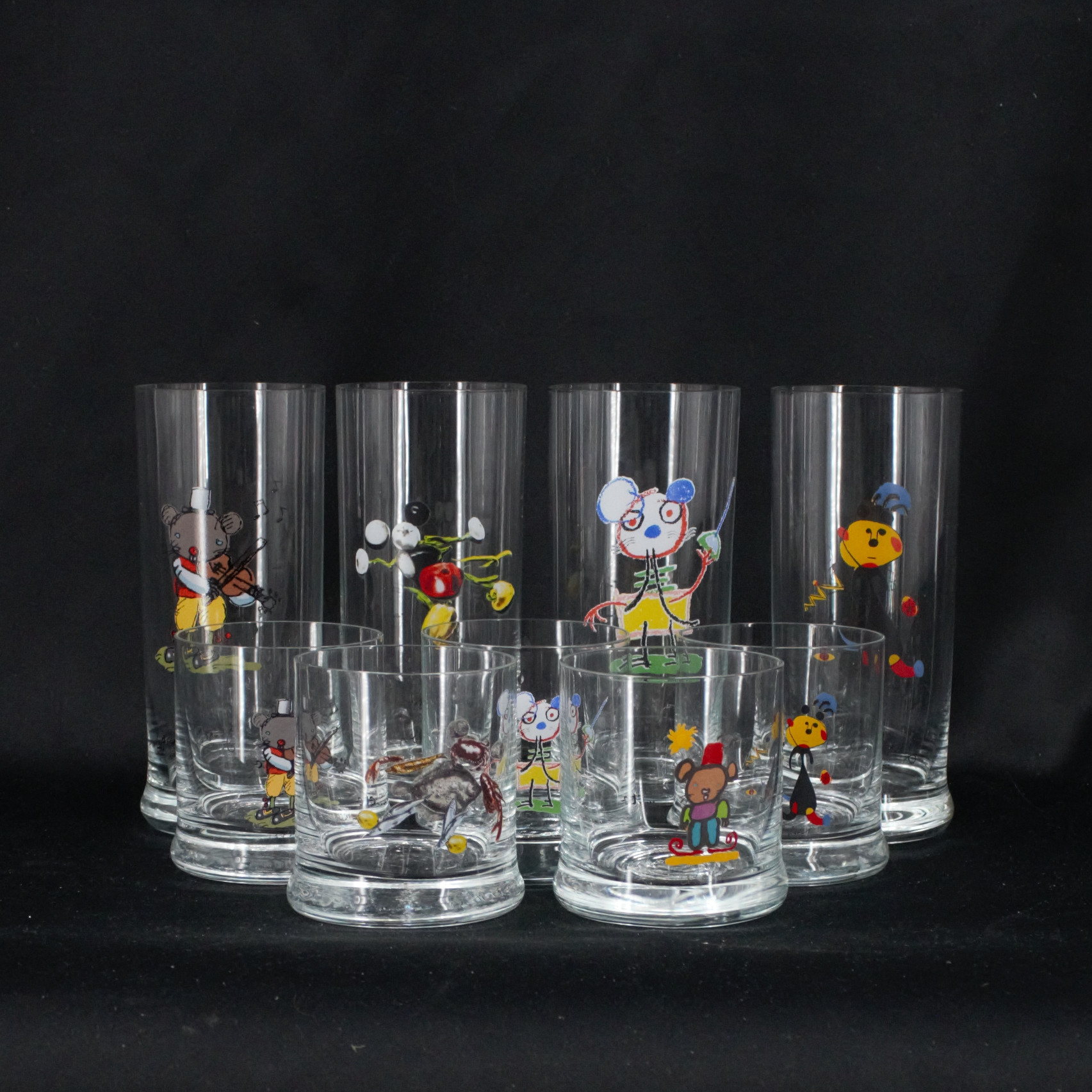 LASSE ÅBERG. Whisky och grogglas, 9 delar, bemålat glas, signerade, etc, Etcetera Marketing.