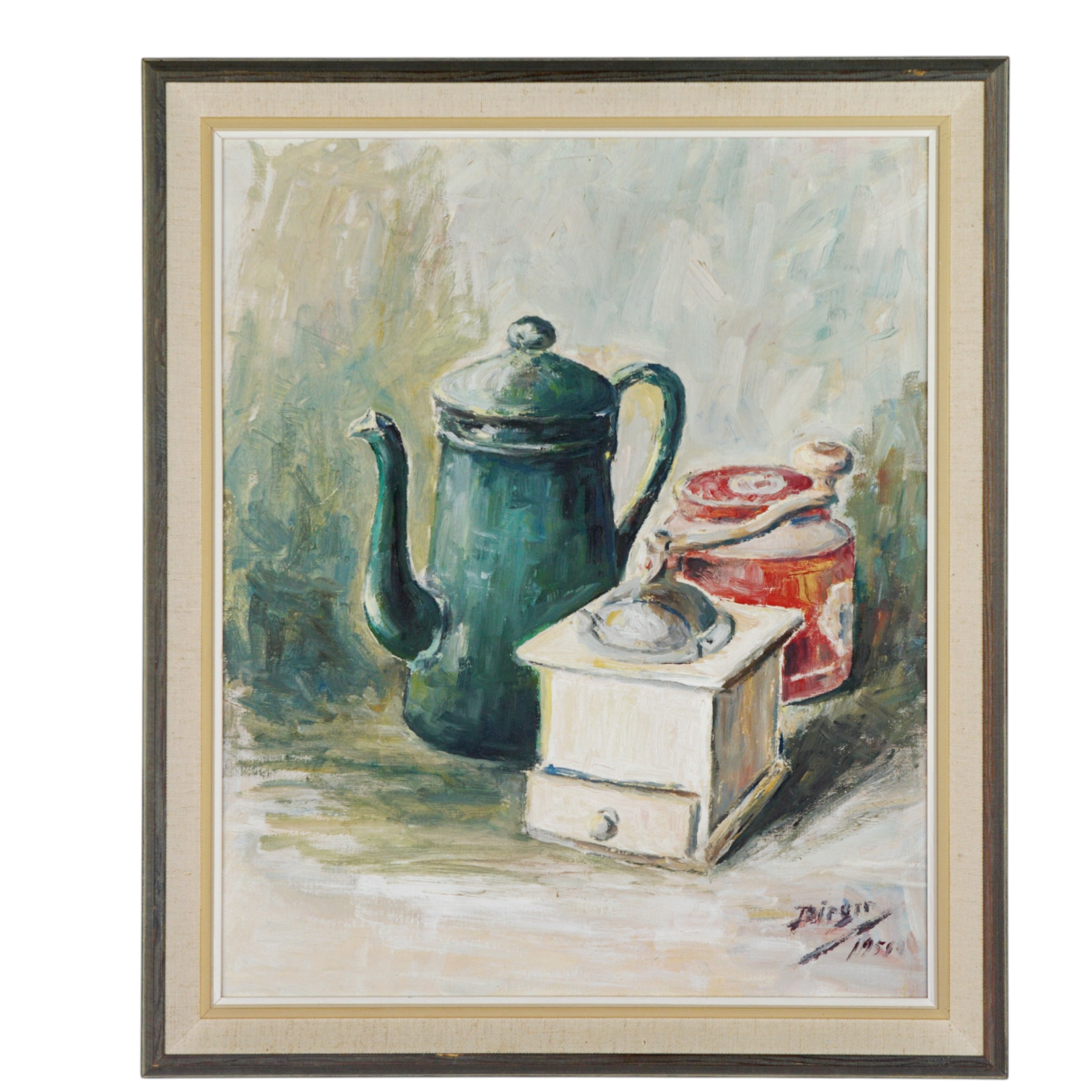 BIRGER BIRGER-ERICSON. Olja på pannå, stilleben med kaffekvarn, kaffepanna och burk, signerad, 1950.