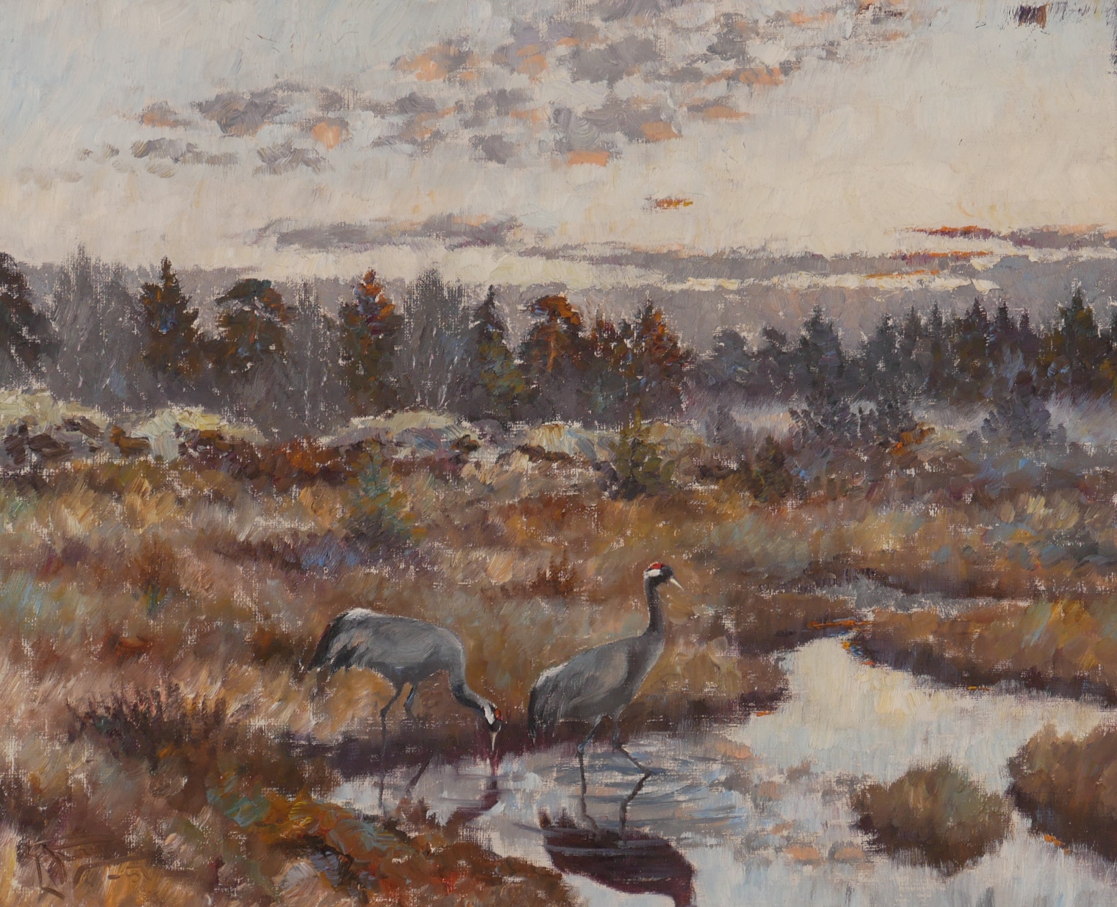 JOHANNES RAVN. Landskap med tranor, olja på duk, signerad och daterad.