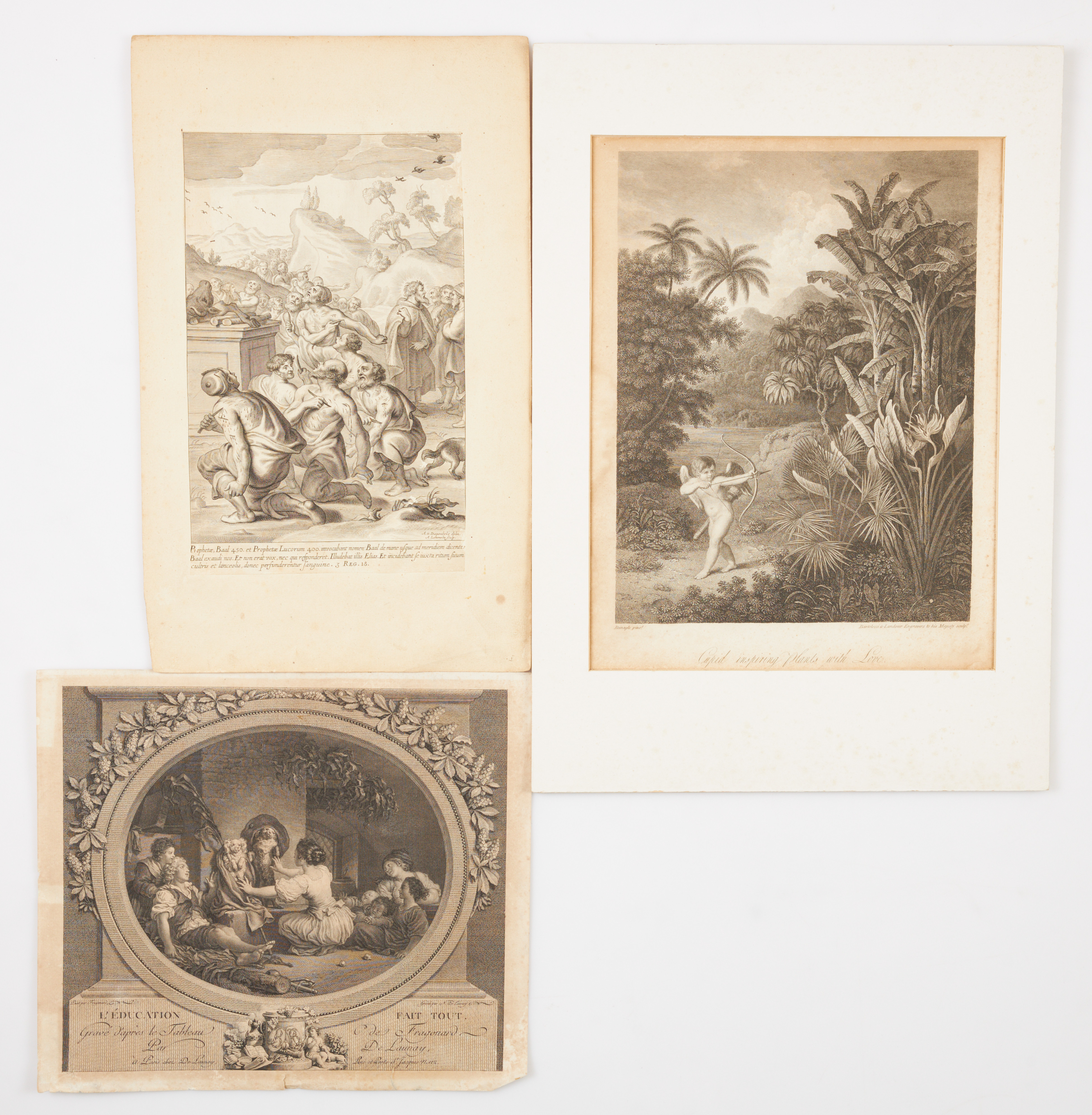 GRAVYRER, 3 st, figurscener, lösa blad, gravyrer av Nicolas de Launay, Adriaen Lommelin samt Bartolozzi & Landseer, 16-1800-tal.