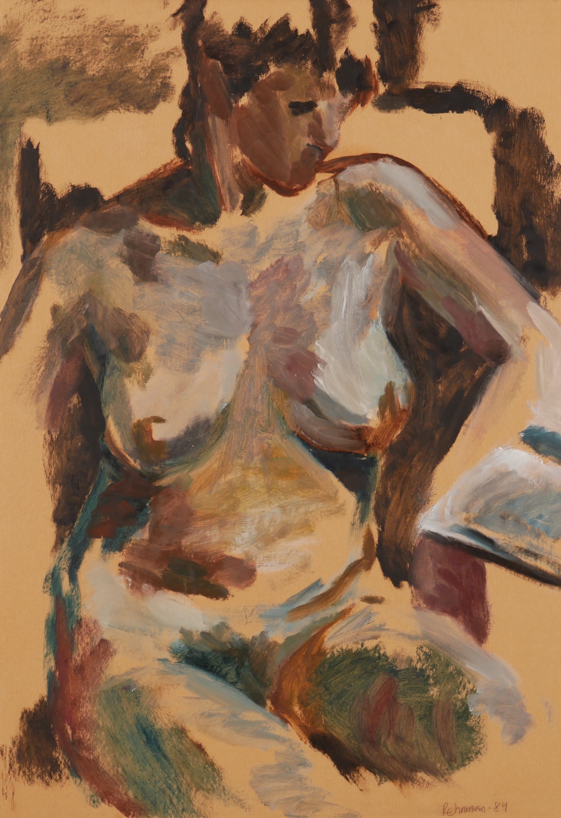 OIDENTIFIERAD KONSTNÄR. Nakenstudie, olja på platta, signerad Rehnman -84.