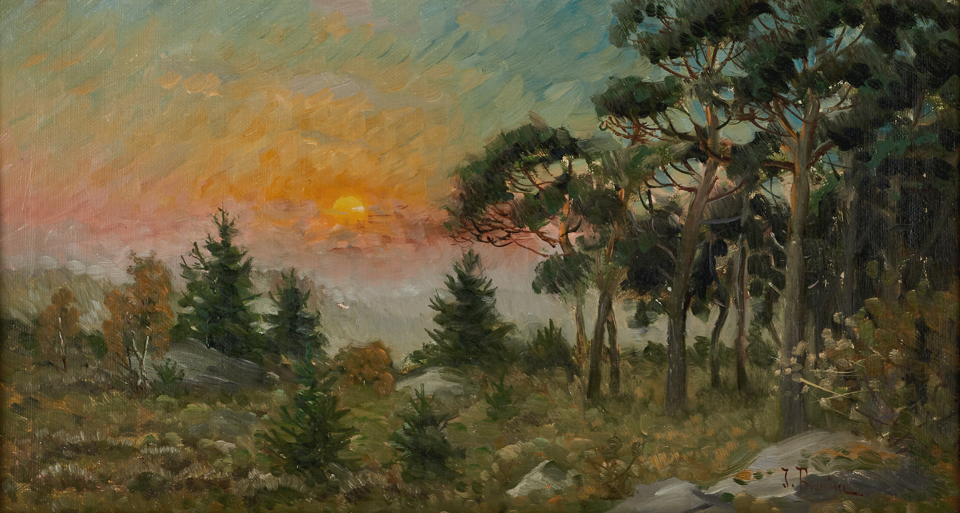 JOHAN BOSTRÖM, solnedgång, olja på duk, signerad.