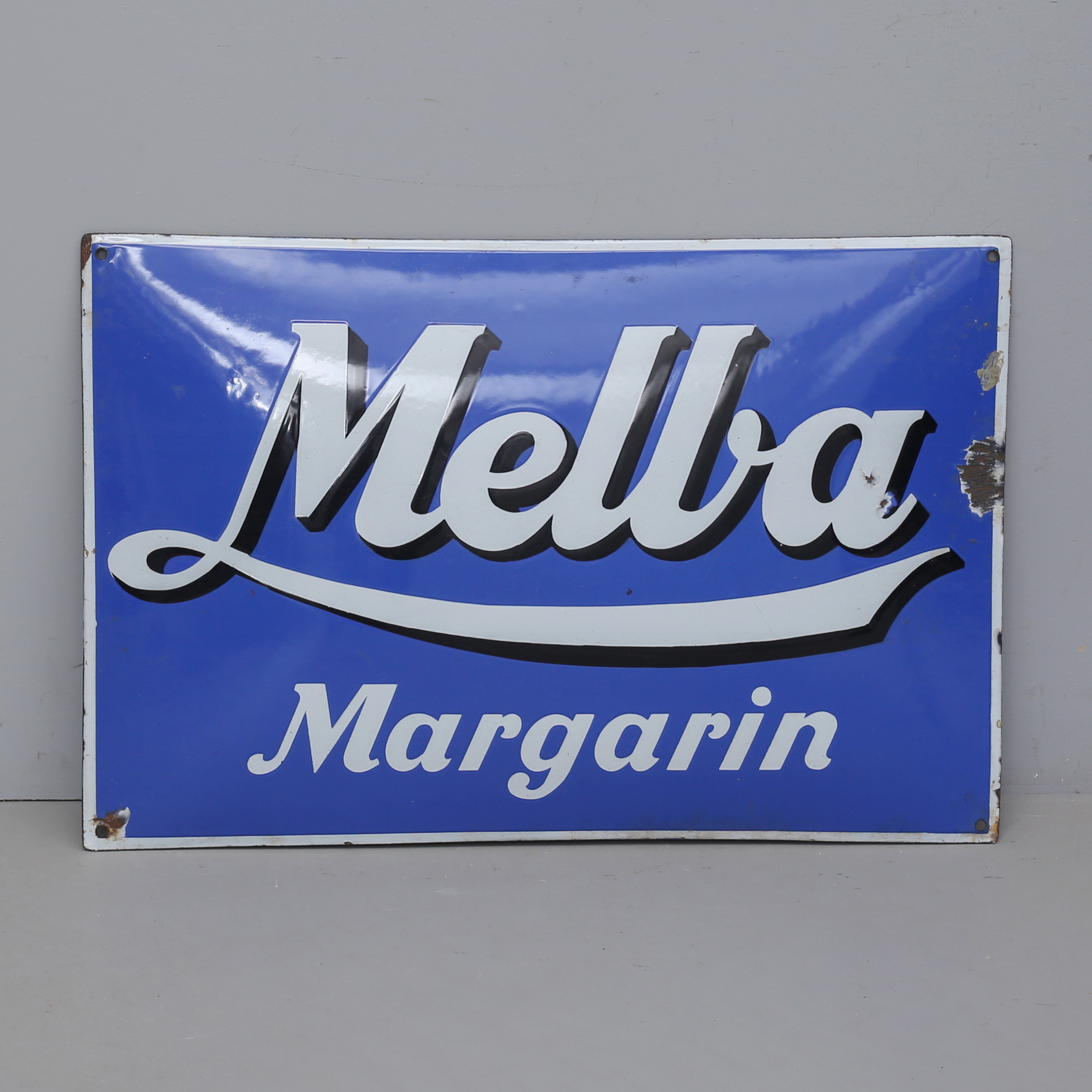 EMALJSKYLT, Melba Margarin, blå fond, 1950-tal.
