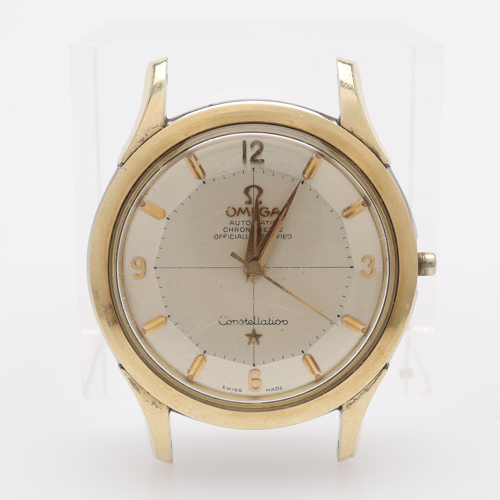 HERRARMBANDSUR, OMEGA, "Constellation", automatiskt uppdrag, guld på stål, 1958.