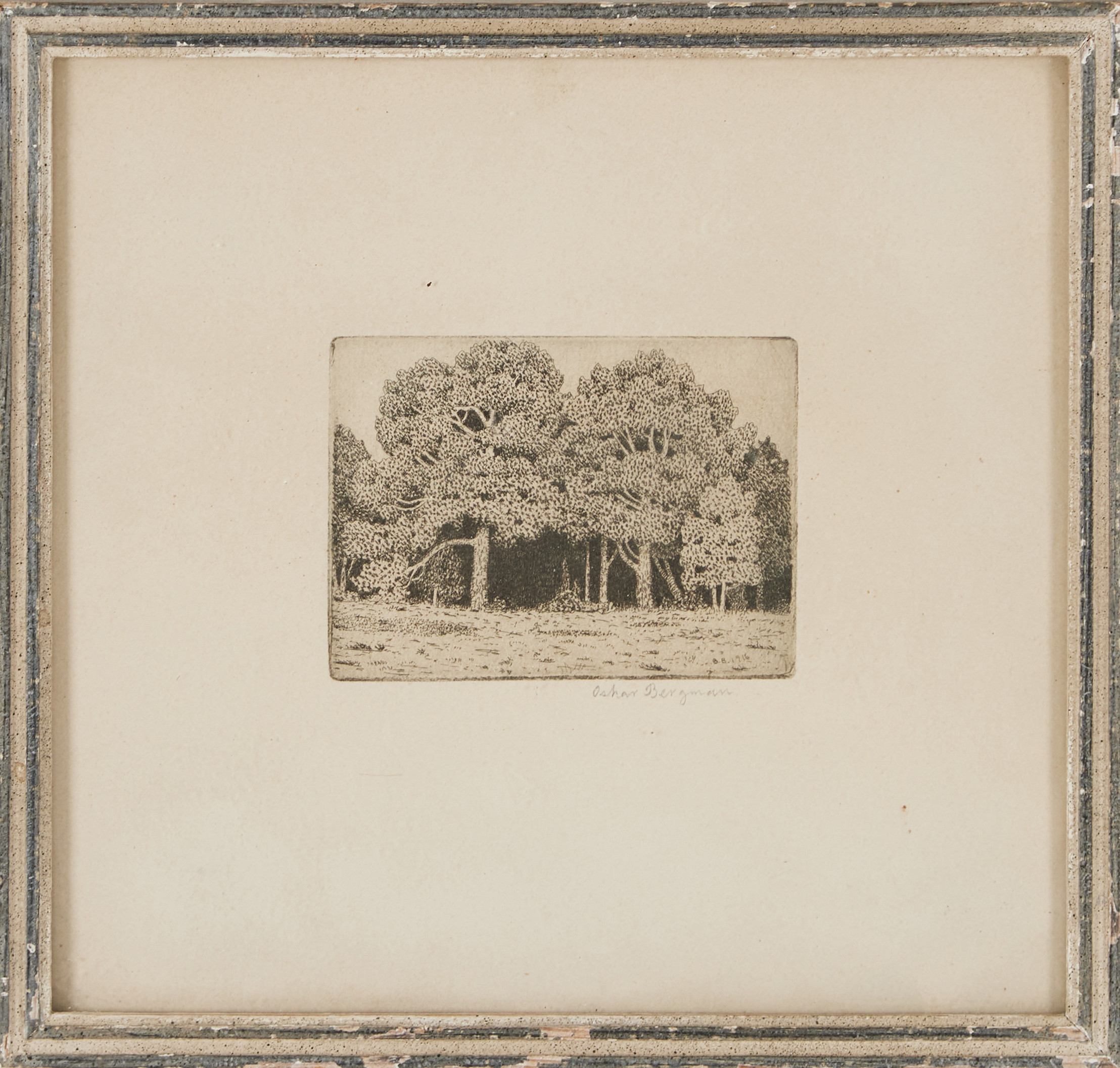 OSKAR BERGMAN. Skogsparti, etsning, signerad.