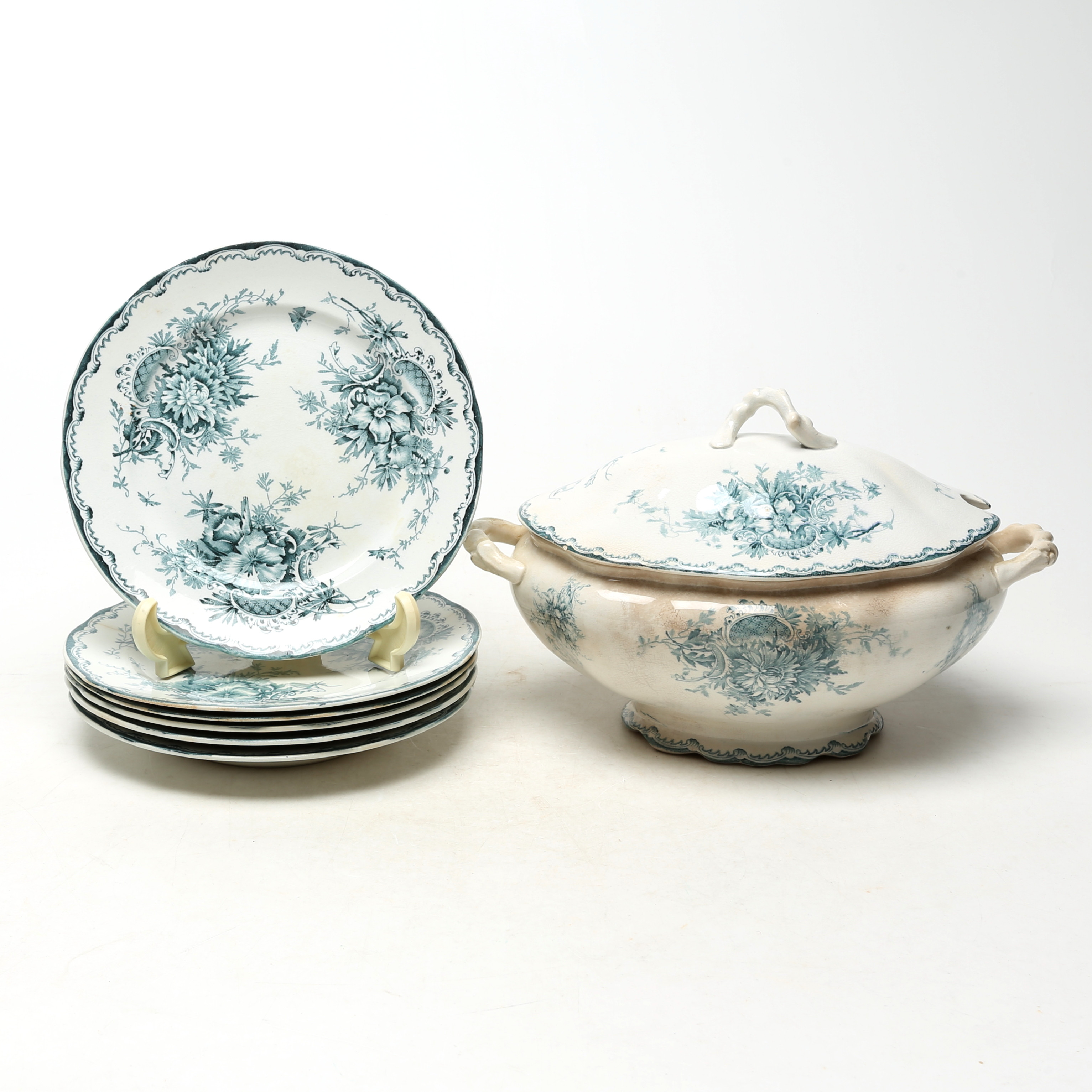 SERVISDELAR 7 st, flintgods, Rörstrand, Gröna Annna, sekelskiftet 1900.