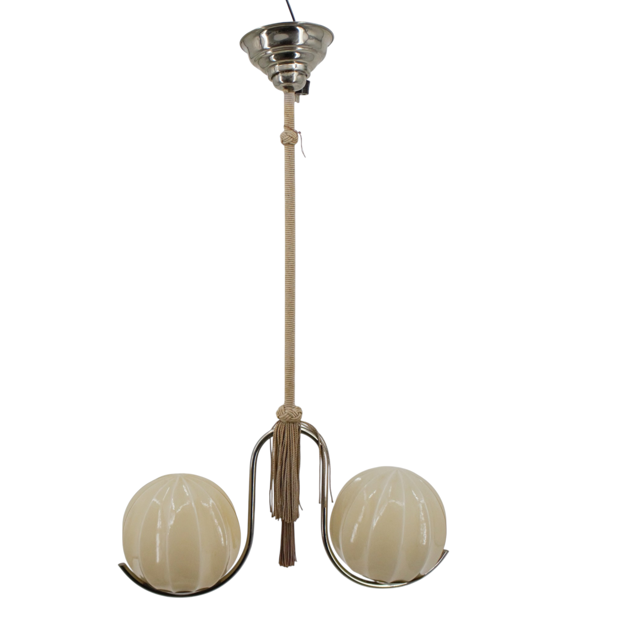 TAKLAMPA, kromad stomme, två ljuspunkter av glas, Art Deco, 1920/30-tal.