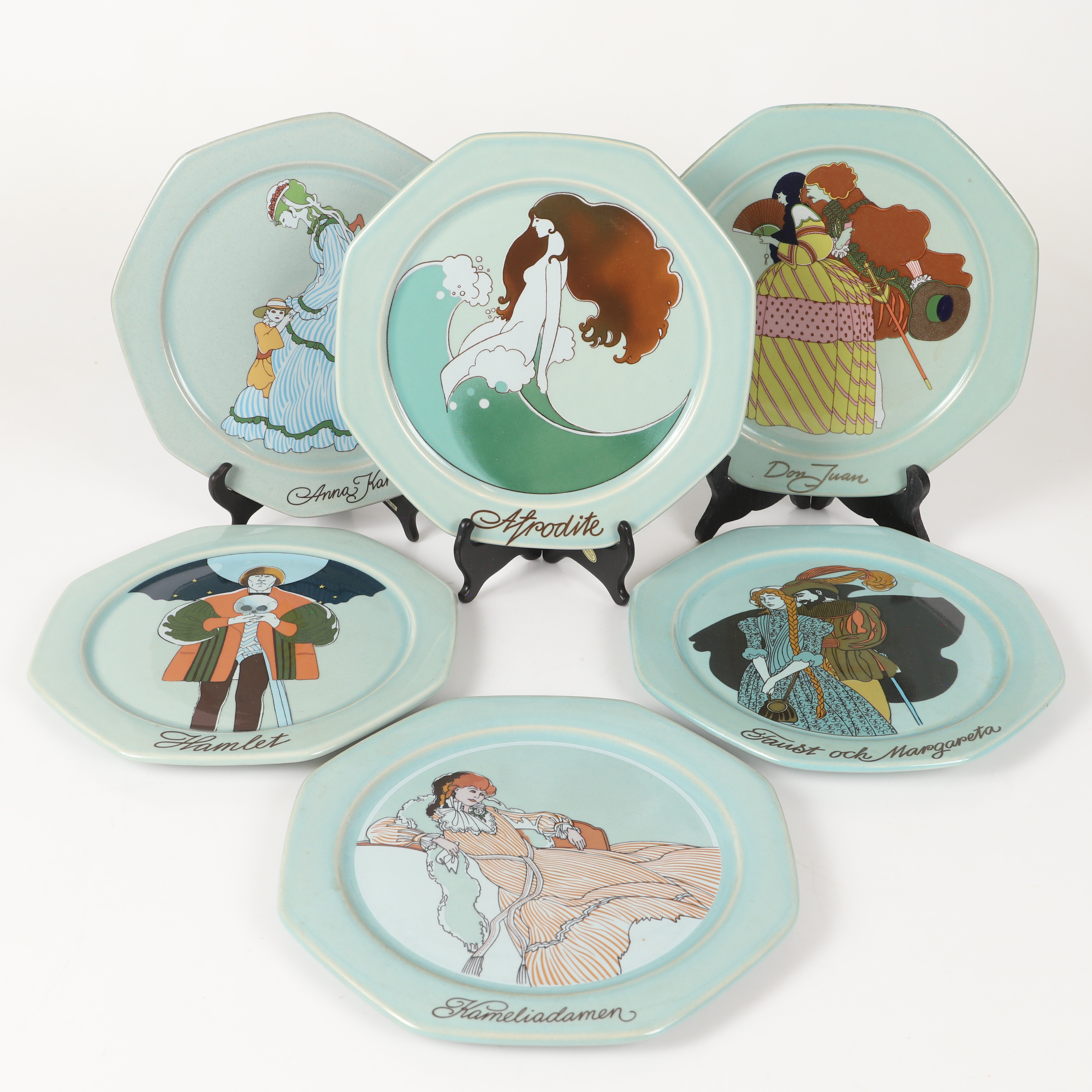 ÅKE ARENHILL. Samlartallrikar, 6 stycken, glaserat stengods, Höganäs keramik.