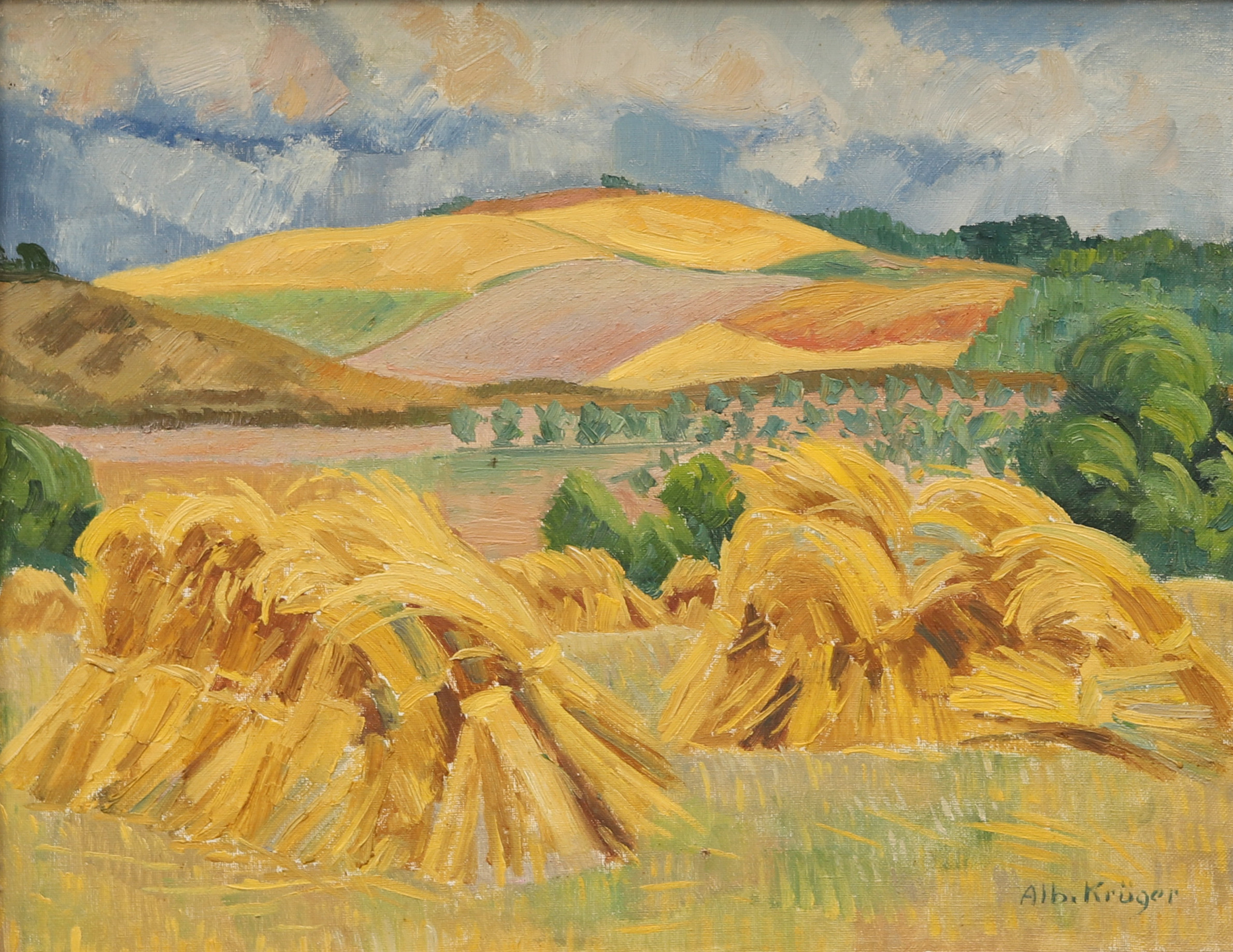 ALBERT KRÜGER. "Sädesskylar, Östra Skåne", signerad, a tergo daterad 1940.