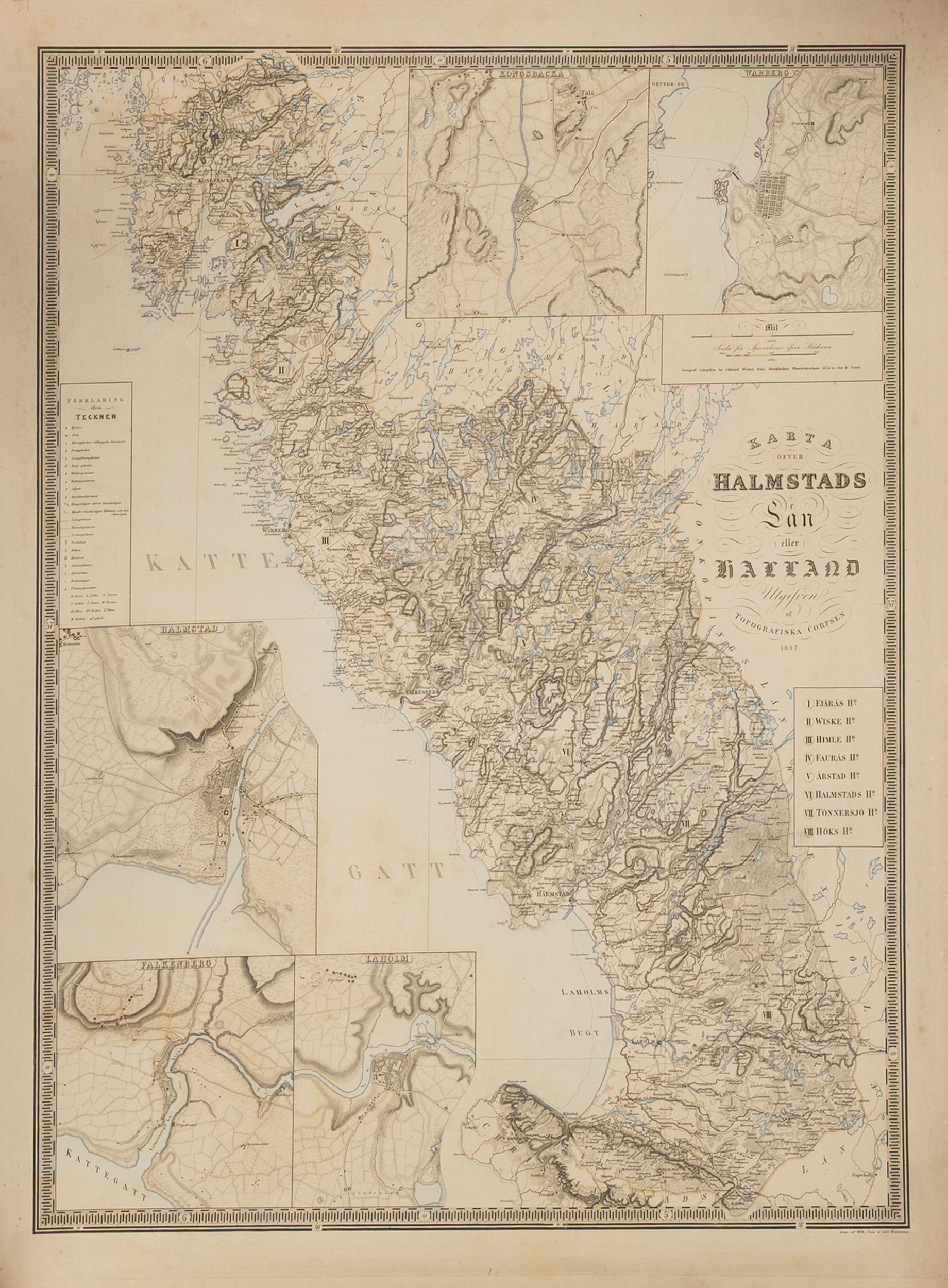 KARTA, "Karta öfver Halmstads Län eller Halland Län, utgiven af Topografiska Corpsen", 1847.