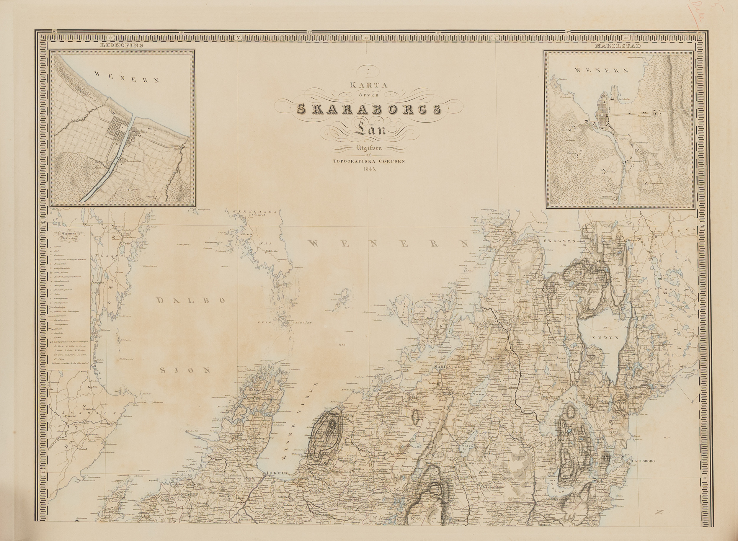 KARTA, "Karta öfver Skaraborgs Län, utgifven af Topografiska Corspen", 1845.