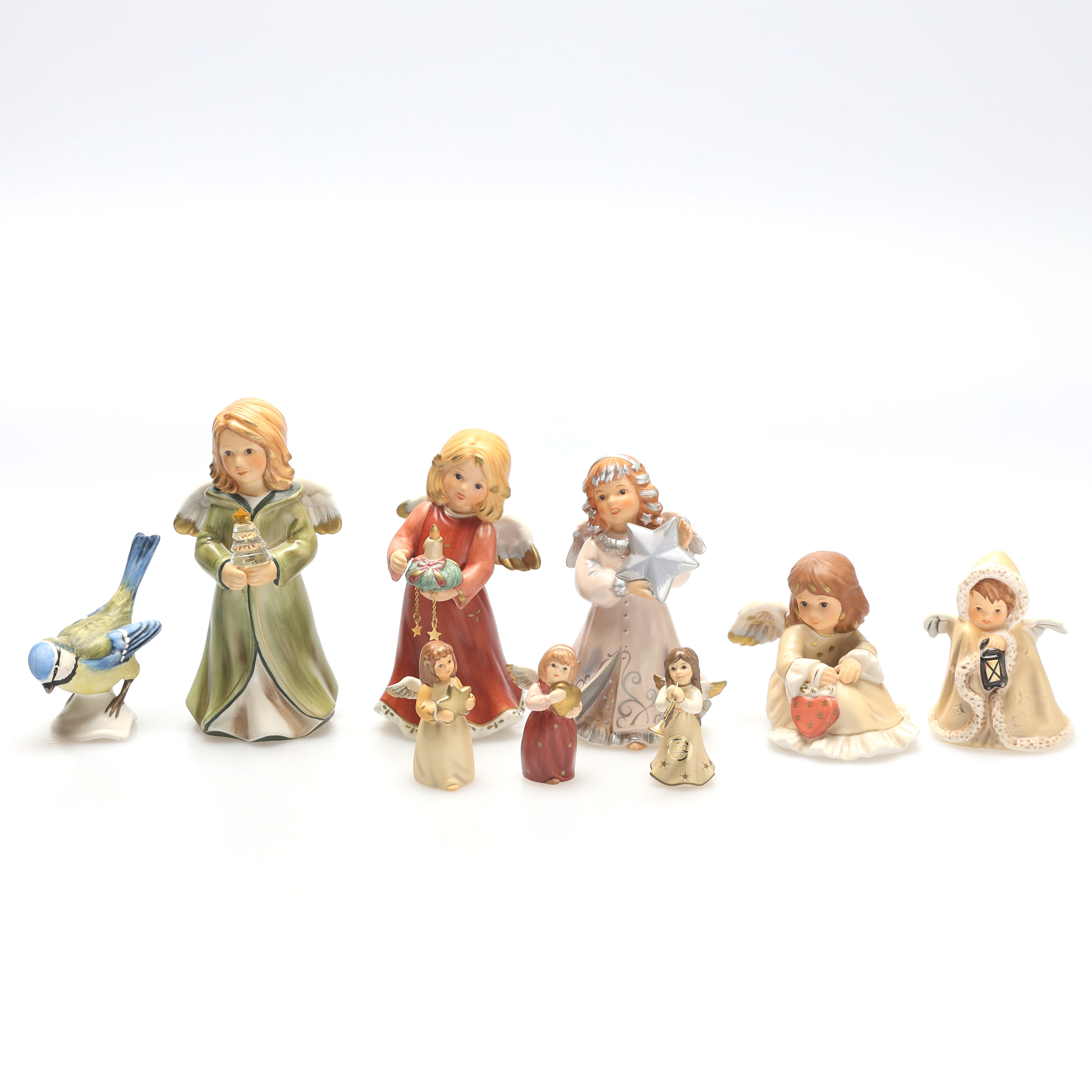 FIGURINER, 9 st, änglar och fågel, porslin, Goebel, Tyskland.