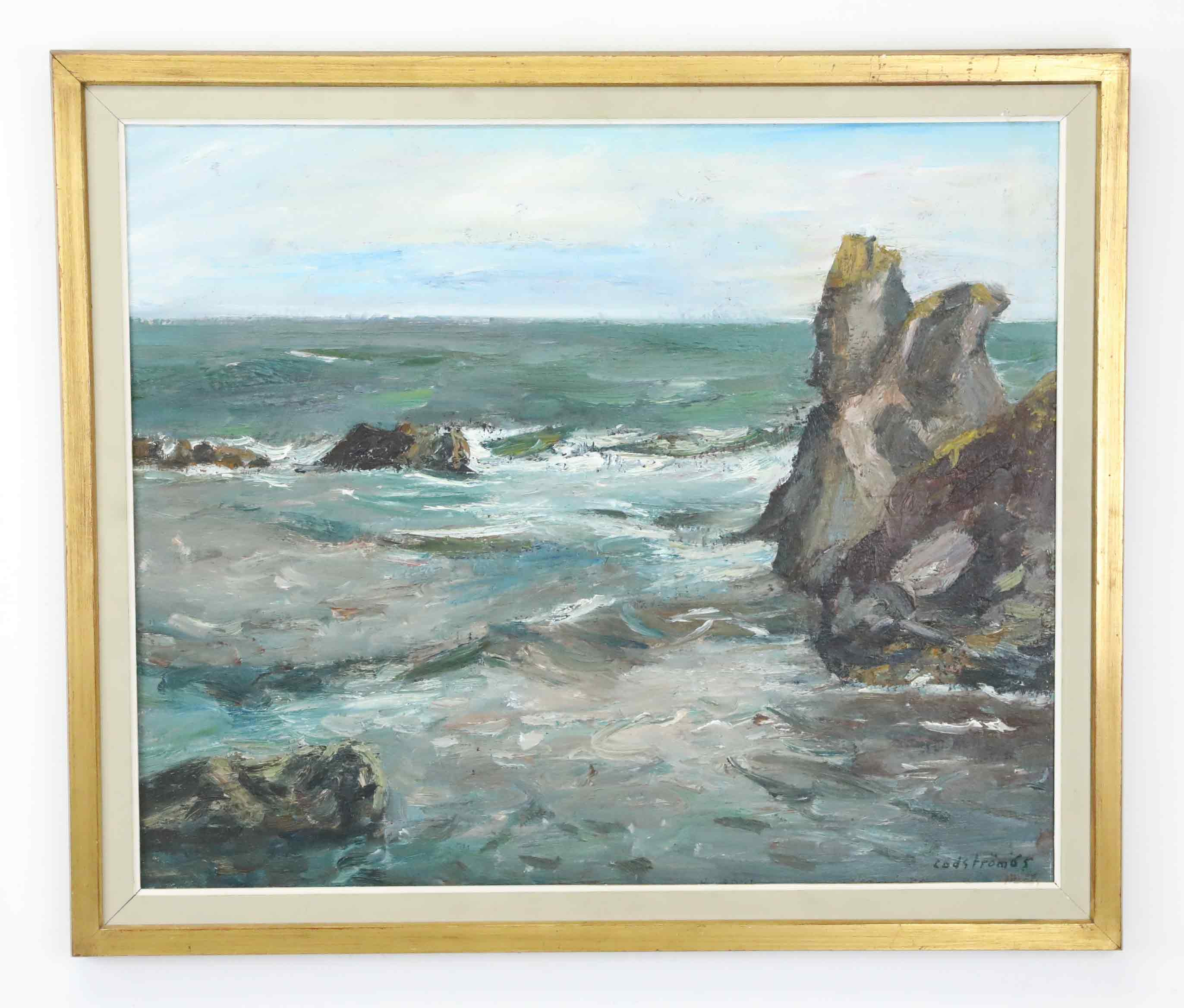 GEORG LODSTRÖM (1915-1972). Olja på duk, raukar och hav, signerad, daterad 65.
